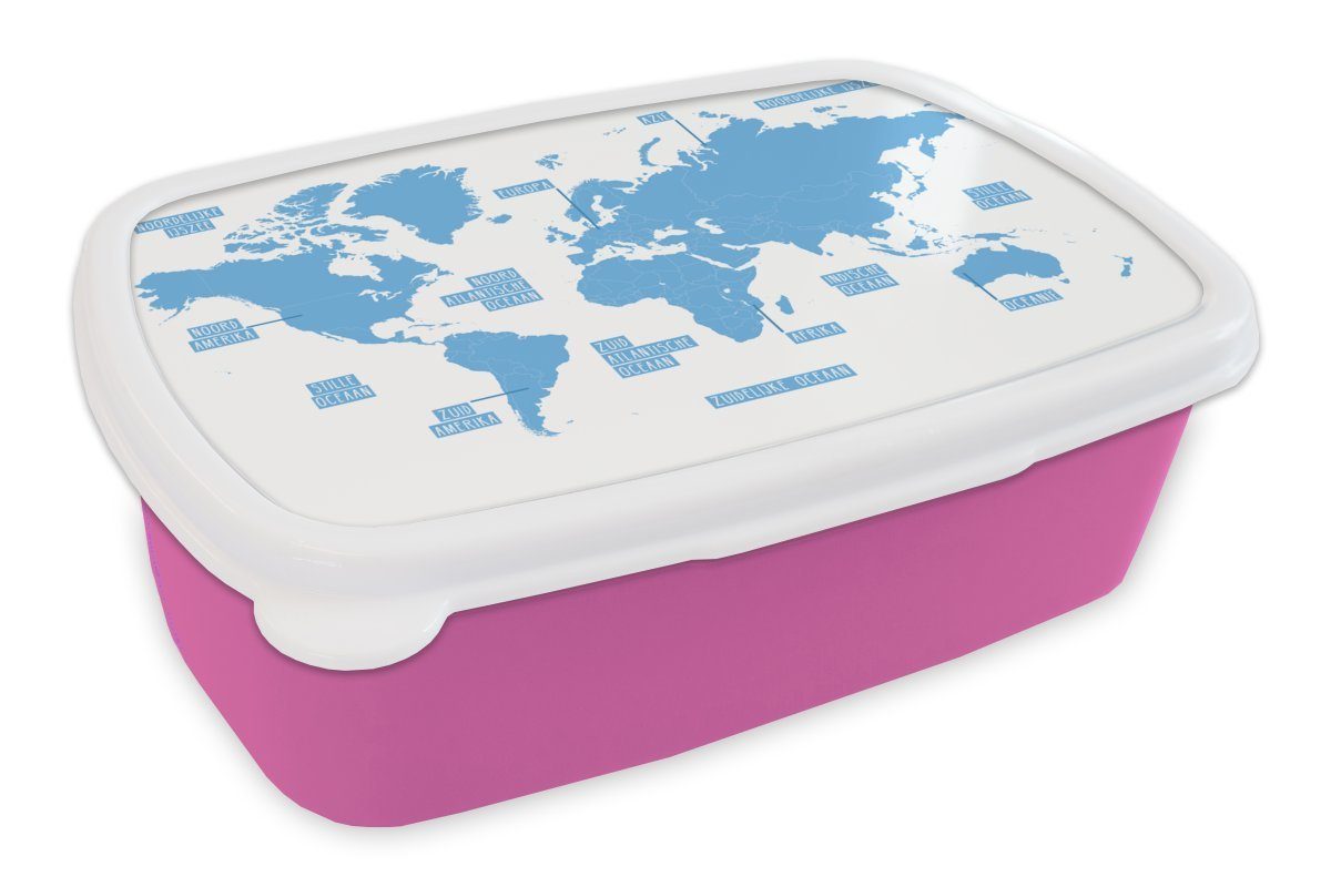 MuchoWow Lunchbox Weltkarte - Kunststoff Erwachsene, - Brotdose Kunststoff, Snackbox, Brotbox (2-tlg), Mädchen, Blau für Einfach, Kinder, rosa