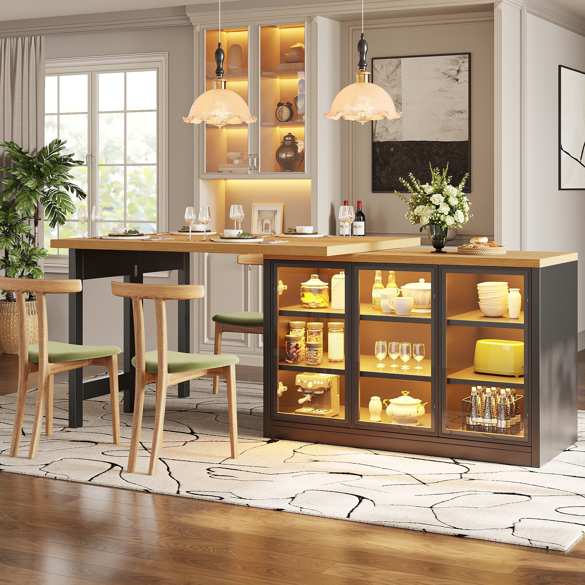 Flieks Kücheninsel mit 360° drehbarer und klappbarer Esstisch, LED-Beleuchtung, Glastüren, (Holzoptik Tischplatte Tiefe 40-80cm, Längenverstellbar 120-197 cm), ausziehbarer Arbeitstisch & multifunktional Mehrzweckschrank Schwarz