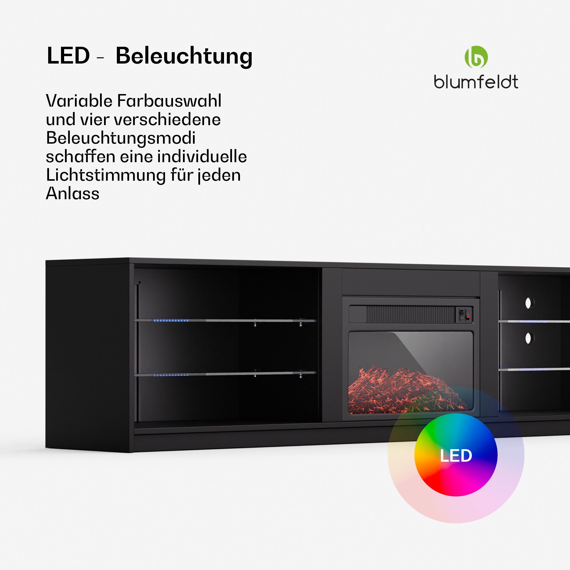blumfeldt Lowboard Perth Medium Lowboard 160 fireplace, Fernsehschrank Schwarz TV-Schrank 3 Schubladen 160 x 30 x 40 cm(BxHxT)