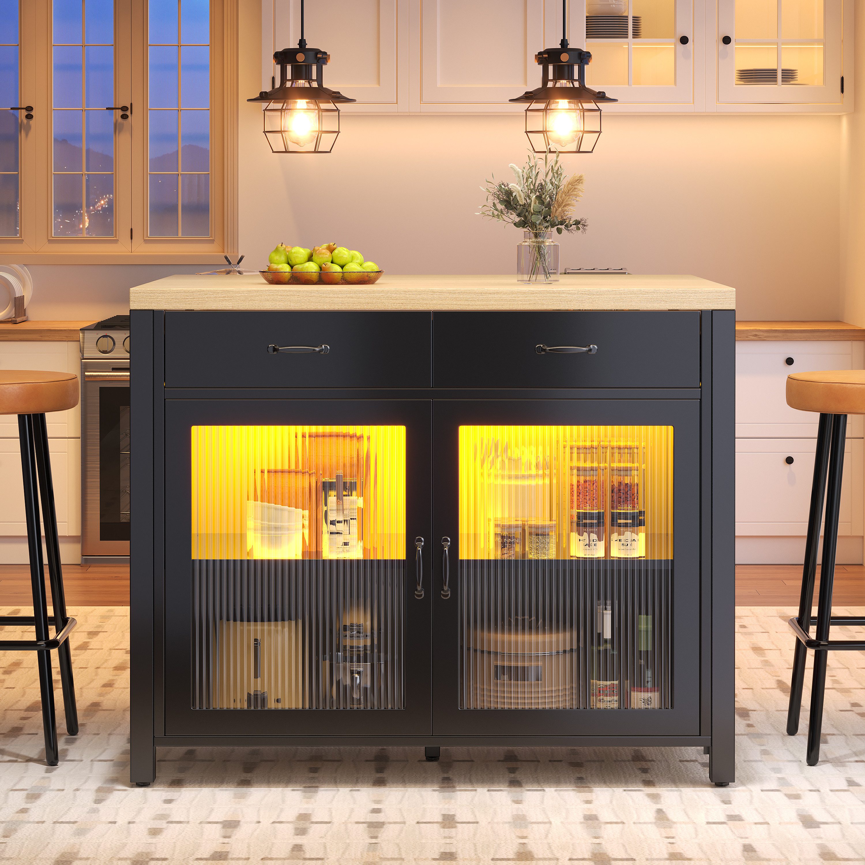Flieks Kücheninsel mit Arbeitsplatte in Holzoptik Natur, LED-Beleuchtung und Glastüren, (mit verstellbaren Fußpolstern), Küchenschrank Küchenbuffet Stehtisch Ba – Bild 4 von 5