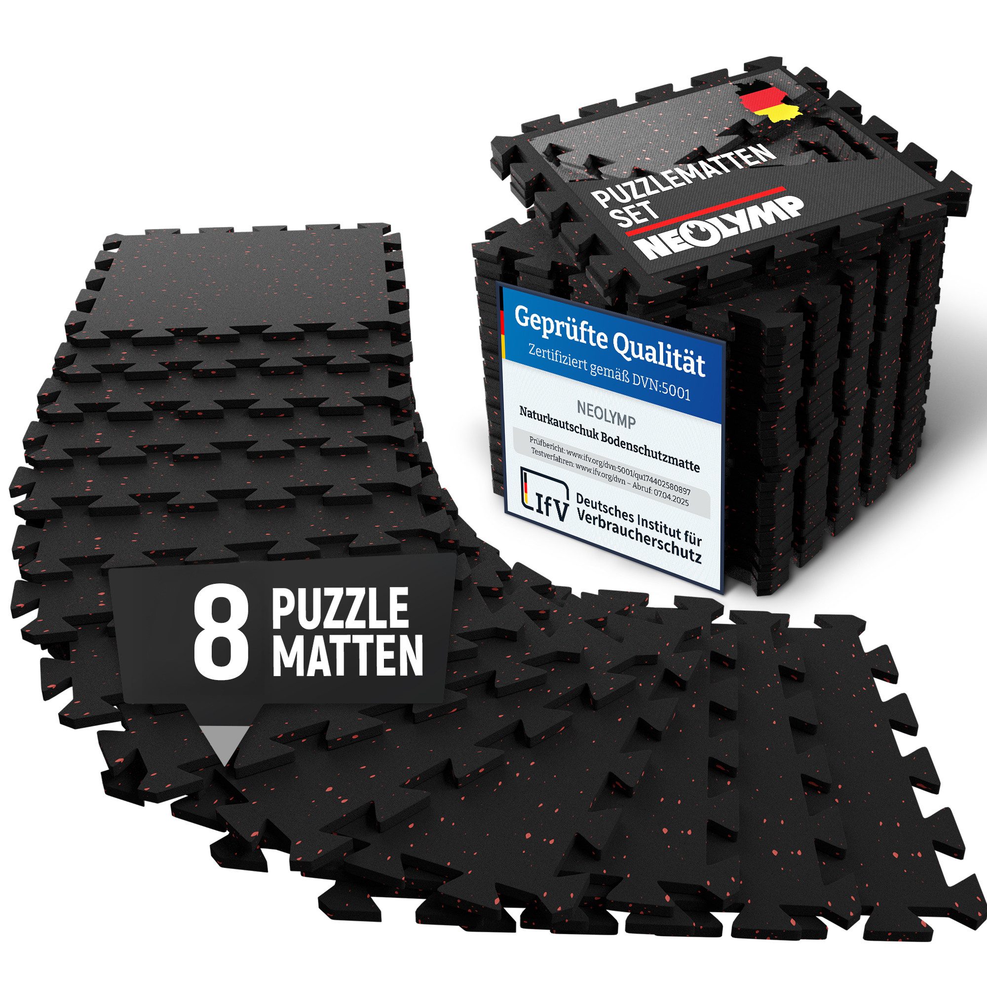 NEOLYMP Bodenmatte Robuste Bodenschutzmatte - Fitness - Schutzmatte Boden - Fitnessmatte (8 Schutzmatten Boden inklusive Randstücke - Puzzletechnik Sportmatte), Schützt Fußboden, Kautschuk, Studioqualität, Anti-Rutsch