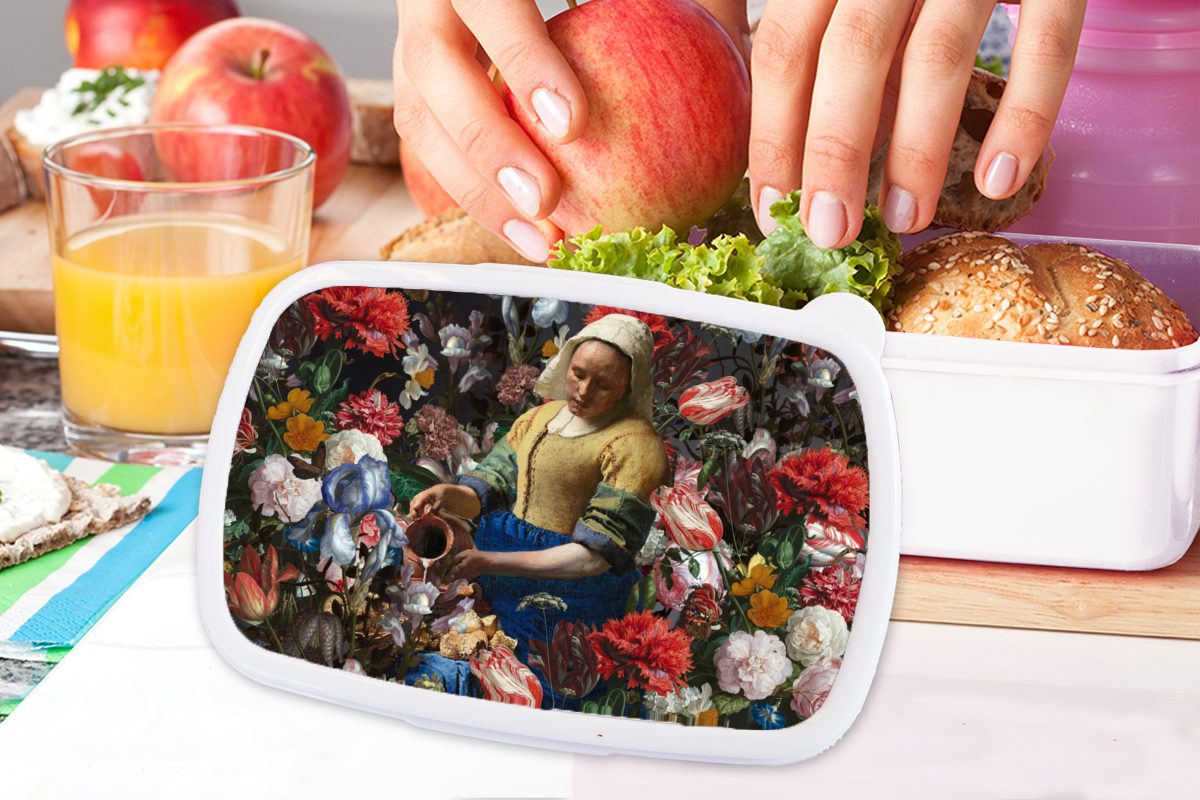 Brotdose, Mädchen Farben, Johannes und Brotbox Erwachsene, für für - (2-tlg), Kinder Kunststoff, Lunchbox Milchmädchen Jungs Vermeer Blumen weiß und - - MuchoWow