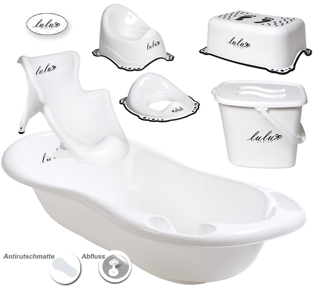 Maltex Babybadewanne 6 Teile SET - LULU Weiß - - Badeset Baby Wanne 84 cm, (Premium.set 6 tlg Made in Europe), = WANNE + BADESITZ + TÖPFCHEN + WC AUFSATZ + WINDELEIMER + HOCKER