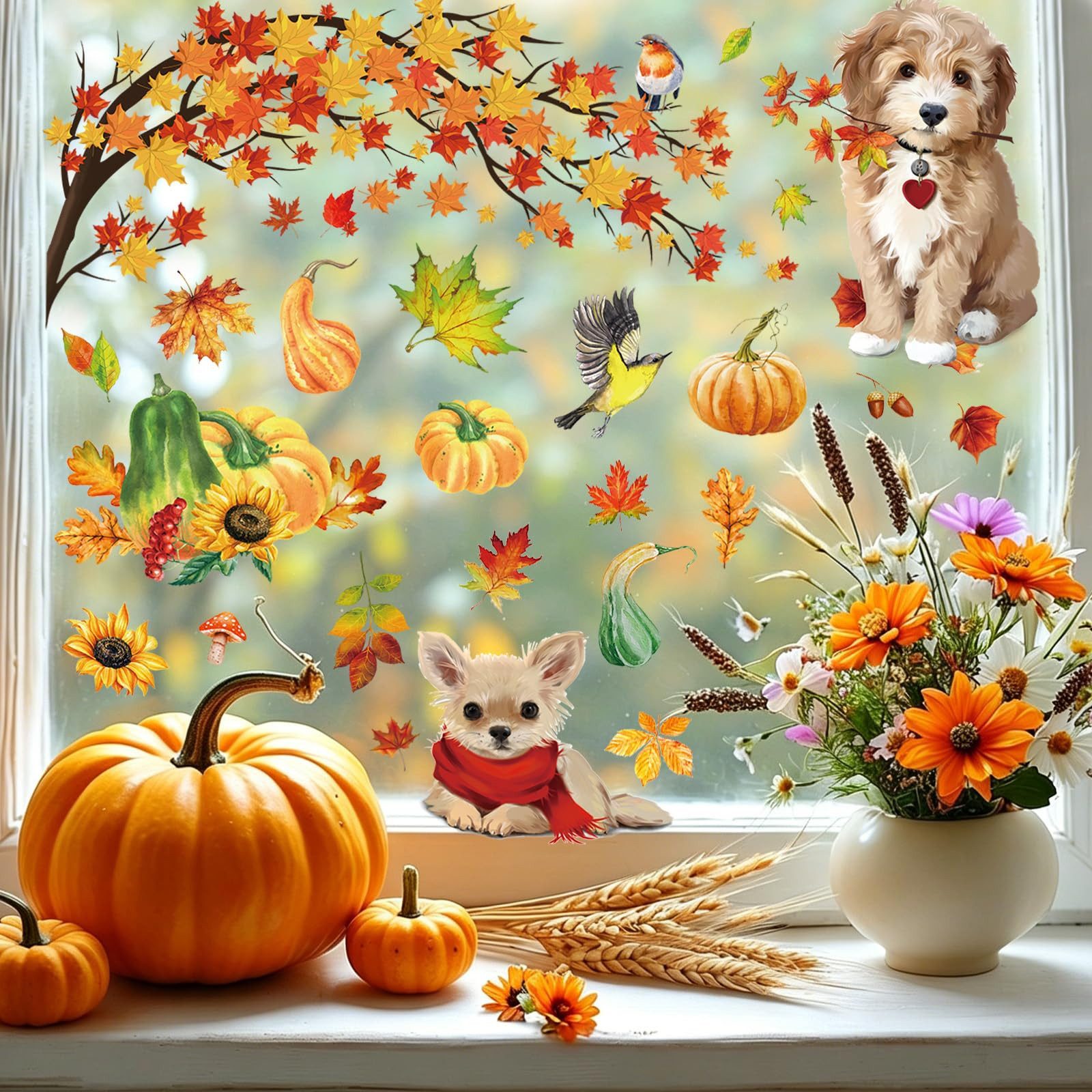 Sorvyzxn Fensterfolie Fensterbilder Herbst, Autumn Fensterbild Selbstklebend, Herbstdeko, Fenster Sticker Kinder, Fensteraufkleber Herbstliche Blätter – Bild 4 von 5