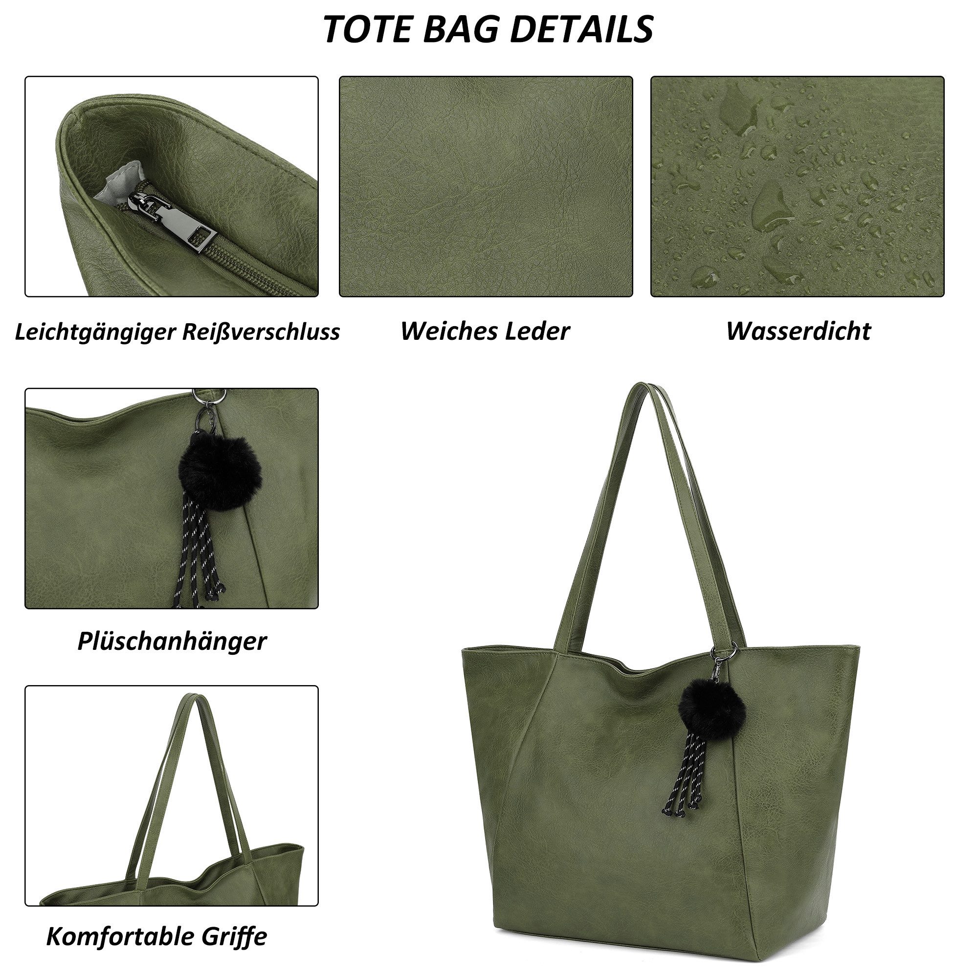 TAN.TOMI Schultertasche Umhängetasche Shopper Bag mit Reißverschluss, Mit Innentaschen, dekorative Anhänger für Arbeit Einkauf Reisen – Bild 5 von 5