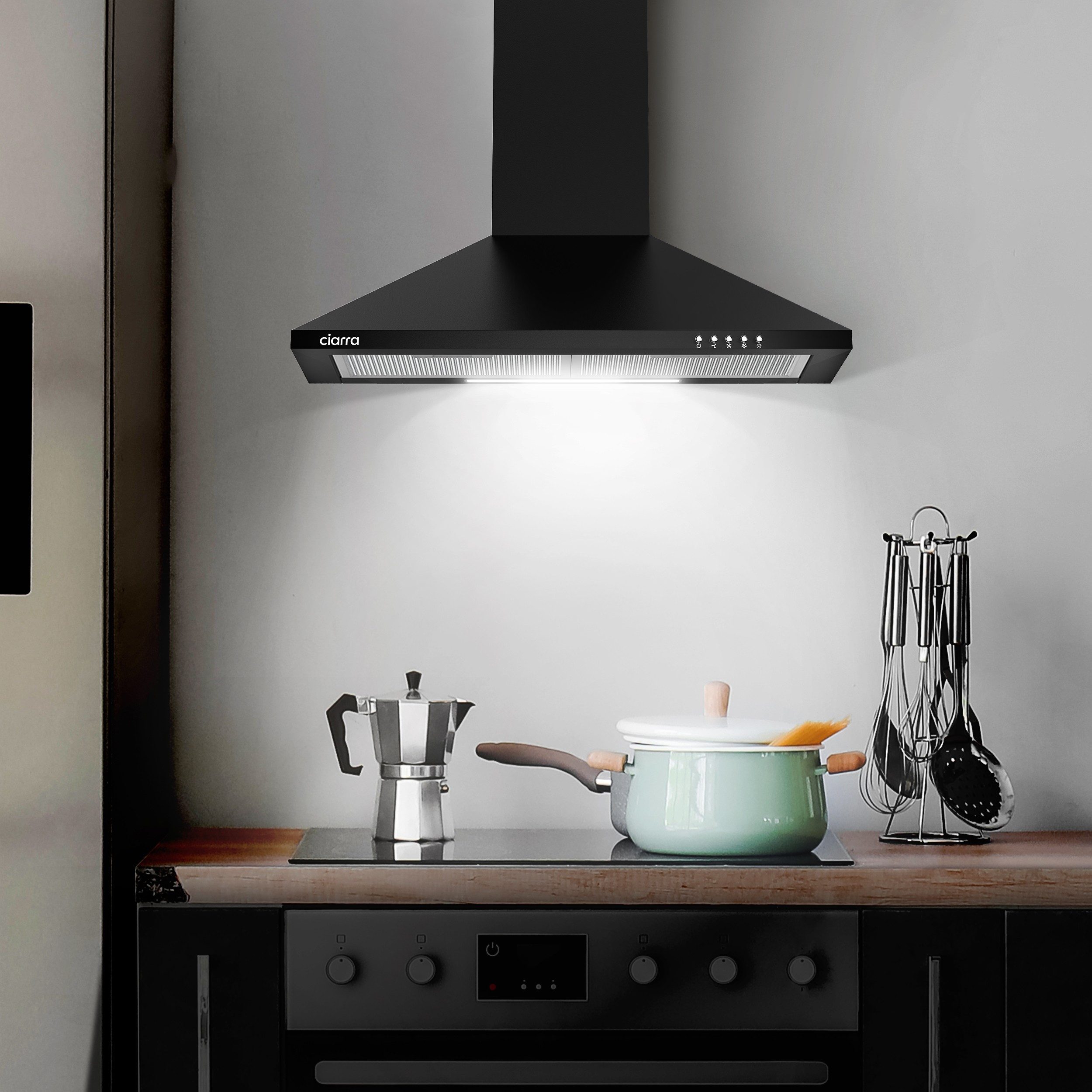 CIARRA Wandhaube A++ 370 m³/h Dunstabzugshaube 60 cm & 90 cm Umluft & Abluft 3 Stufen Serie CBCB6201 CBCS6201-FBM CBCS9201 CBCB9201 A++ 370 m³/h Dunstabzugshaube 60 cm & 90 cm Umluft & Abluft 3 Stufen, leise Pyramidenhaube mit Kohlefilter, Aluminumfilter, LED-Beleuchtung