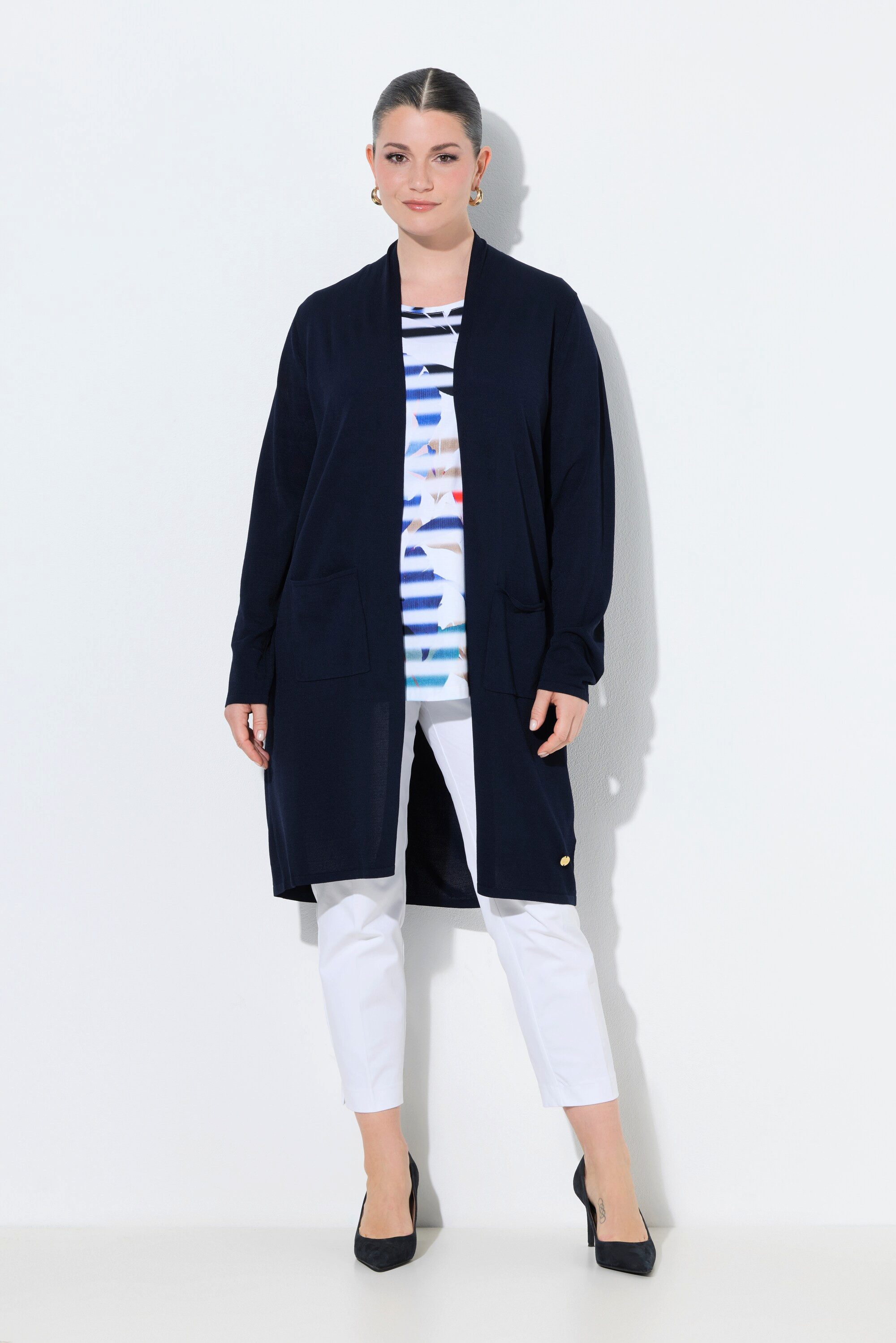 Ulla Popken Langjacke Long-Strickjacke Stehkragen offene Form Langarm