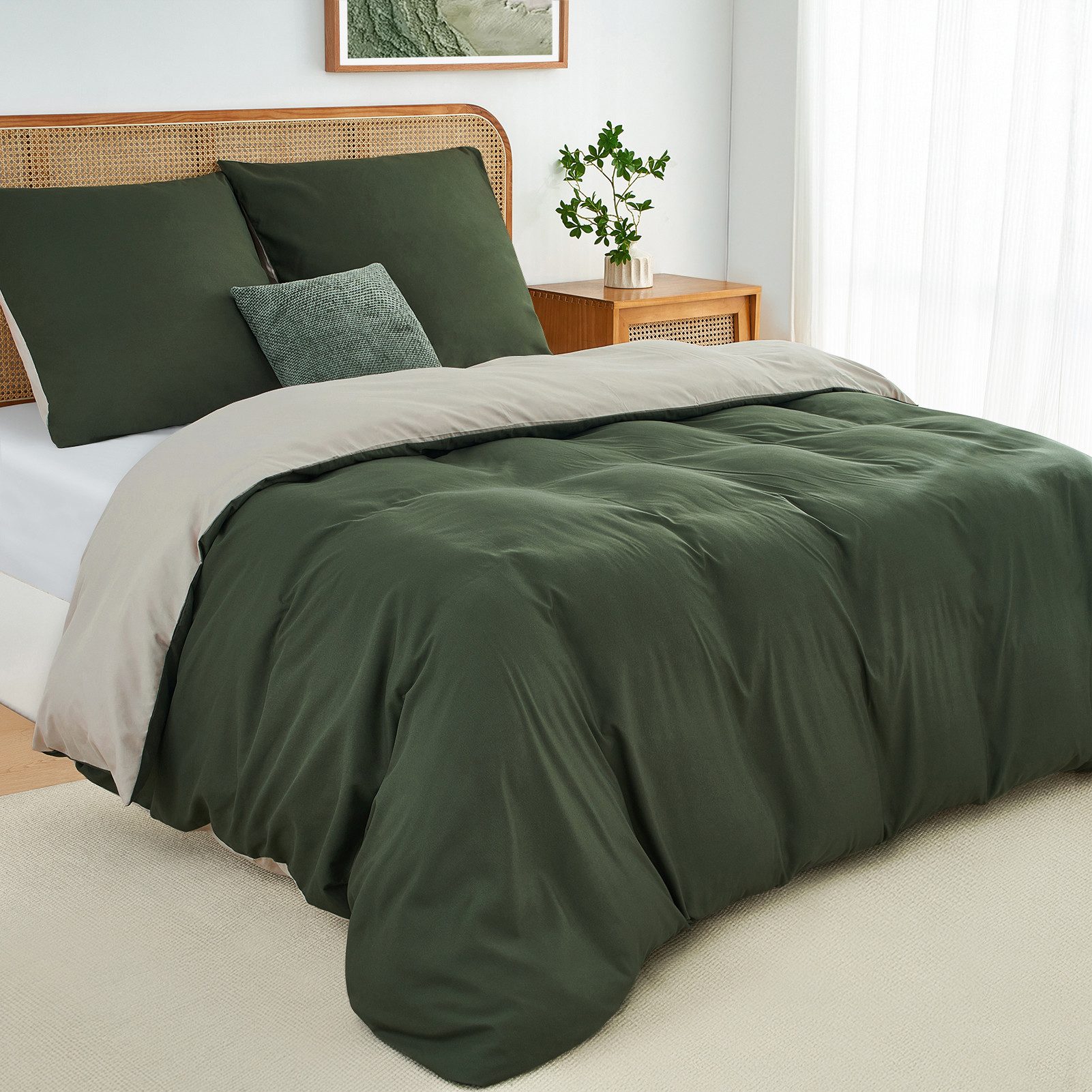 Topfinel Bettwäsche 135x200cm, Seersucker Bettwäsche-Sets, bügelfrei, allergiker, kühlende, 100% Mikrofaser, 2 teilig, 2-tlg. Olivgrün/Beige:1 Btz. 155x220+1 Ktz. 80x80, m. Reißvers.