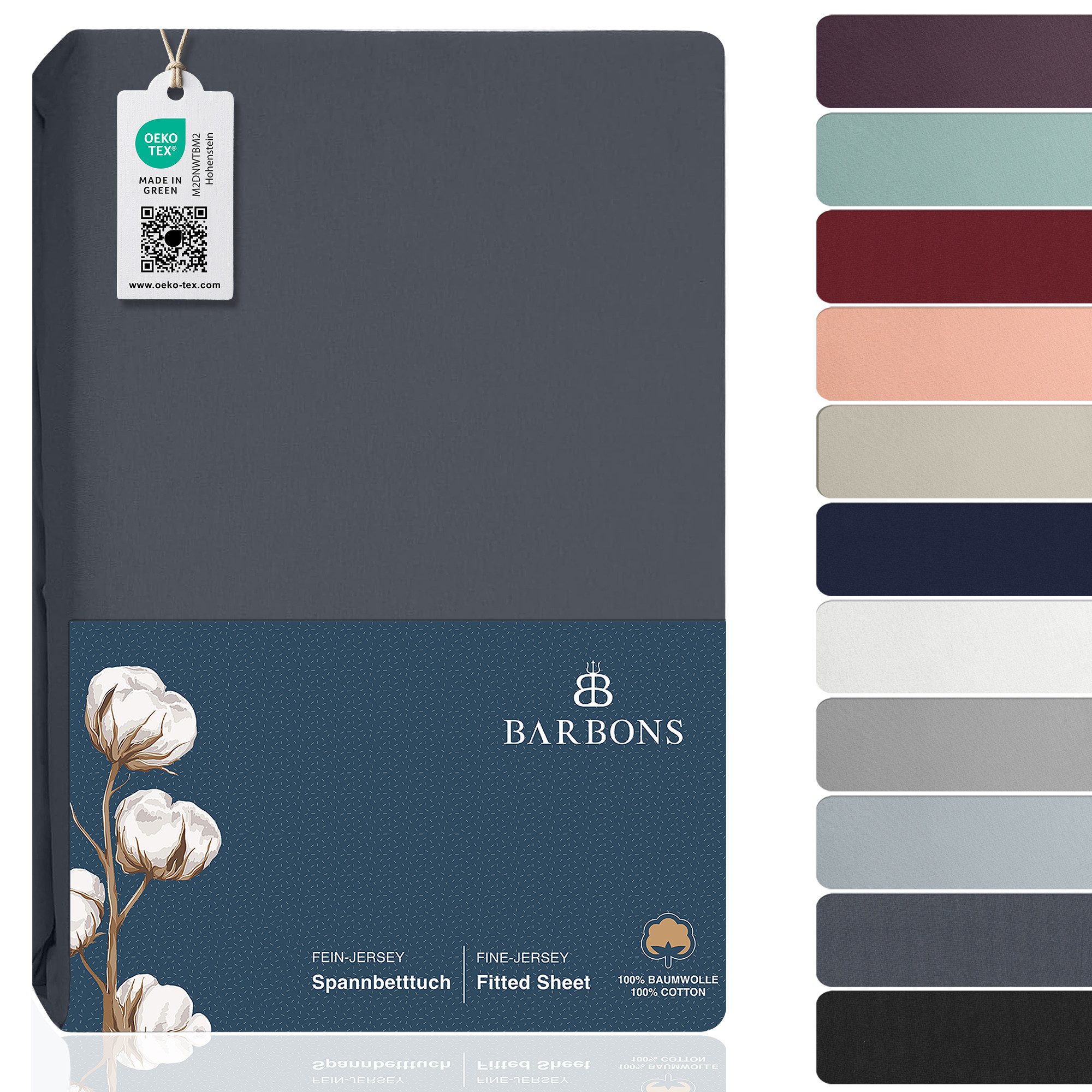 BARBONS Spannbettlaken Jersey Bettlaken, 145 g/m² Spannbetttuch, bis zu 25cm Höhe, Topper, Jersey aus 100% Baumwolle, Gummizug: rundum, (1 Stück), Rundumgummi, Atmungsaktiv