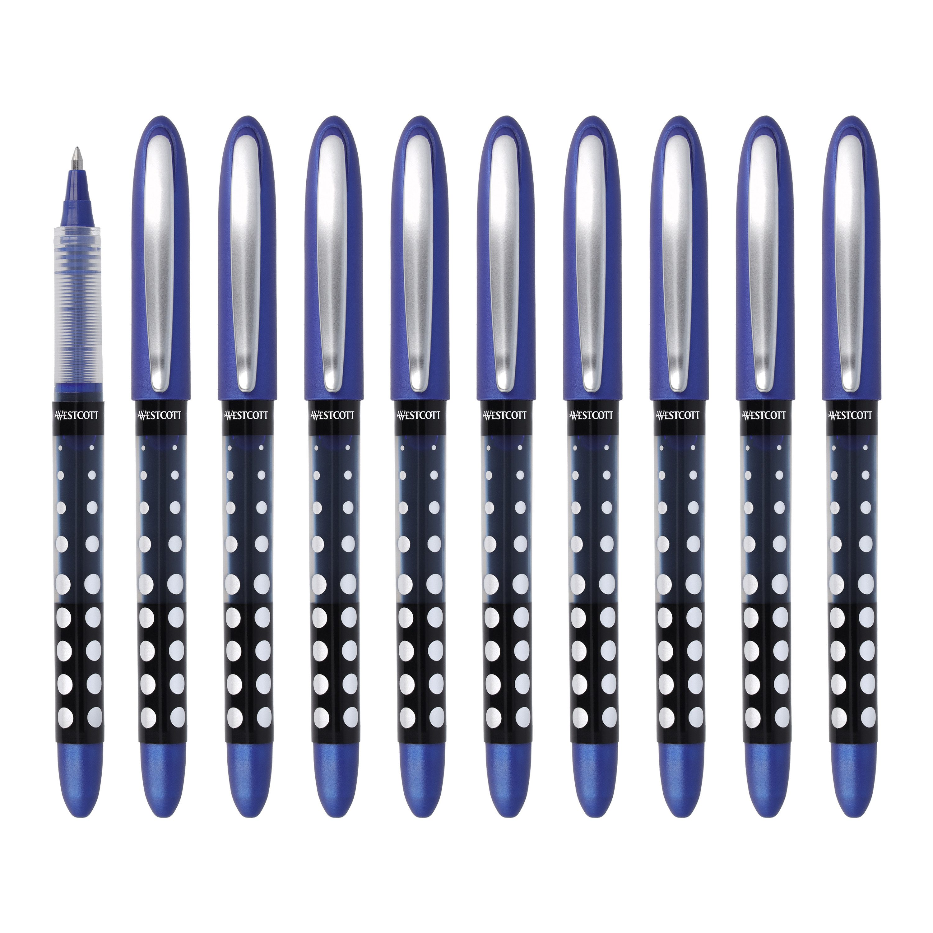 WESTCOTT Tintenroller Blau 10 Stück, Rollerball Pen mit blauer Tinte, 0,5 mm Strichstärke, (Vorteilspack, 10-tlg), transp. Füllstandsanzeige, Kapillartechnologie, ergonomischer Griff