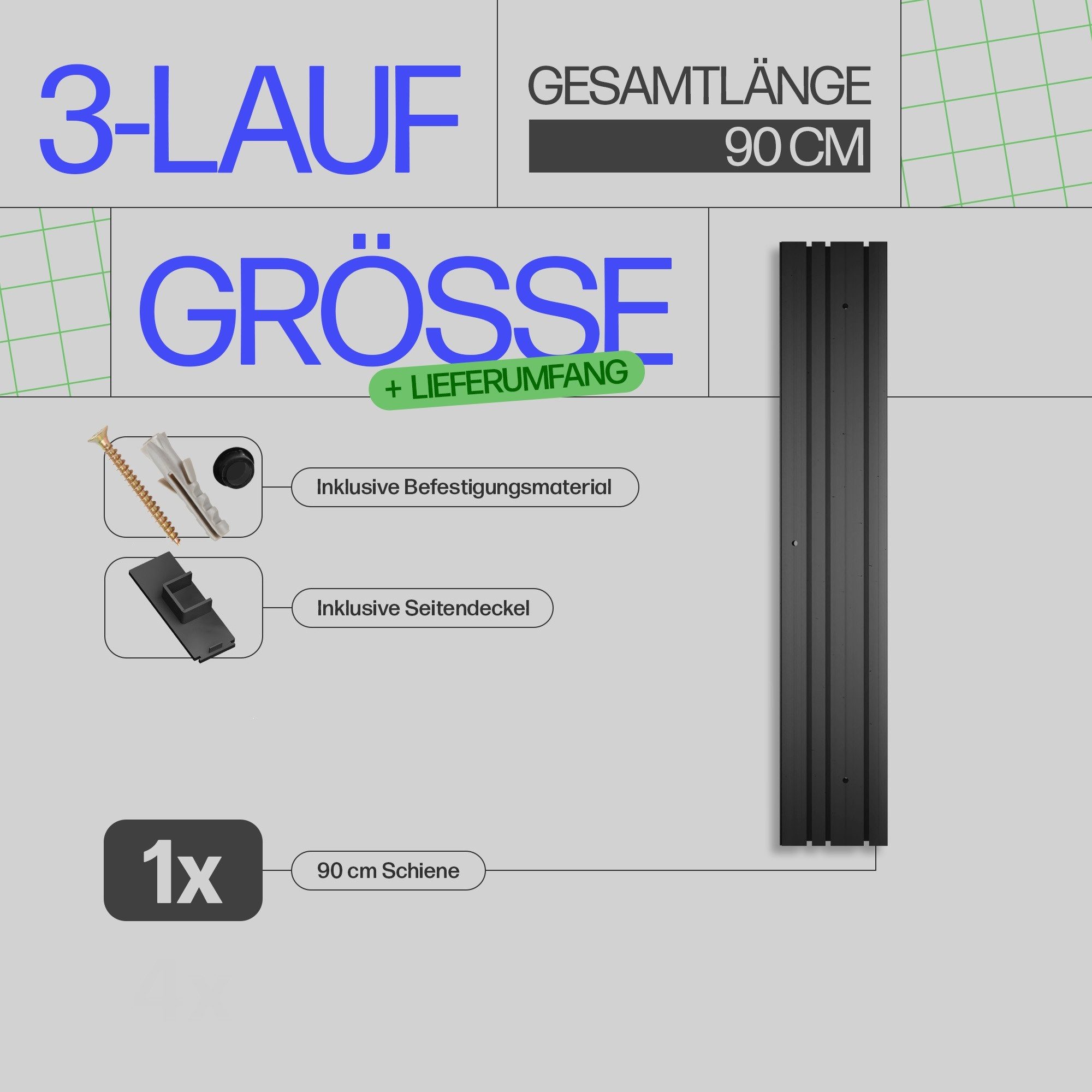 Bestlivings Gardinenschiene schwarz, 90-480 cm, Komplettset inkl. Montagezubehör, 3-läufig, mit Bohren, verschraubt, Kunststoff, flach, pflegeleicht, formstabil, optisch dezent