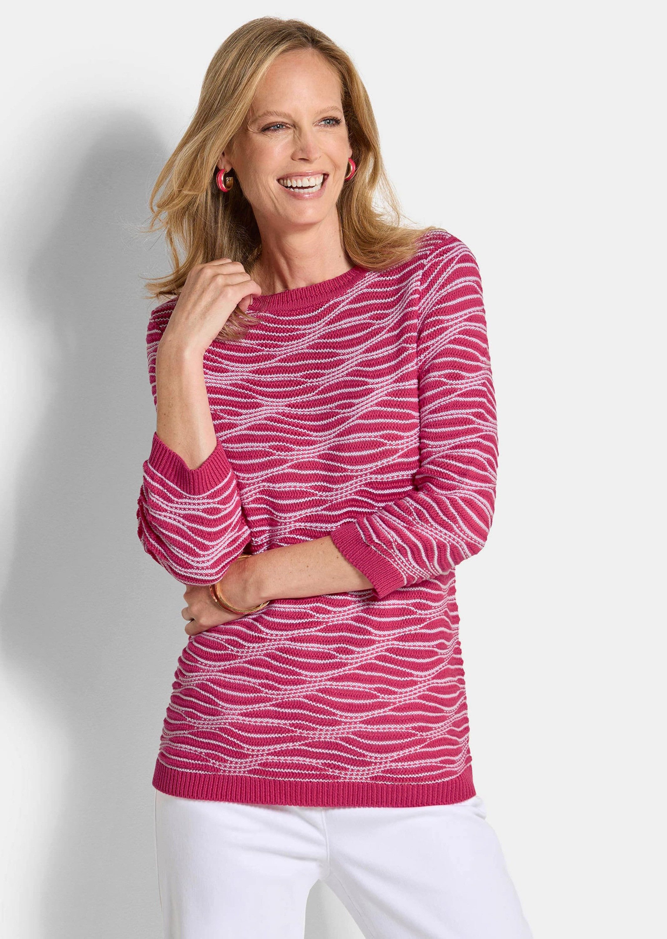 GOLDNER Strickpullover Kurzgröße: Baumwollpullover mit Wellenstruktur Strukturpullover mit U-Boot-Ausschnitt und 3/4-Arm