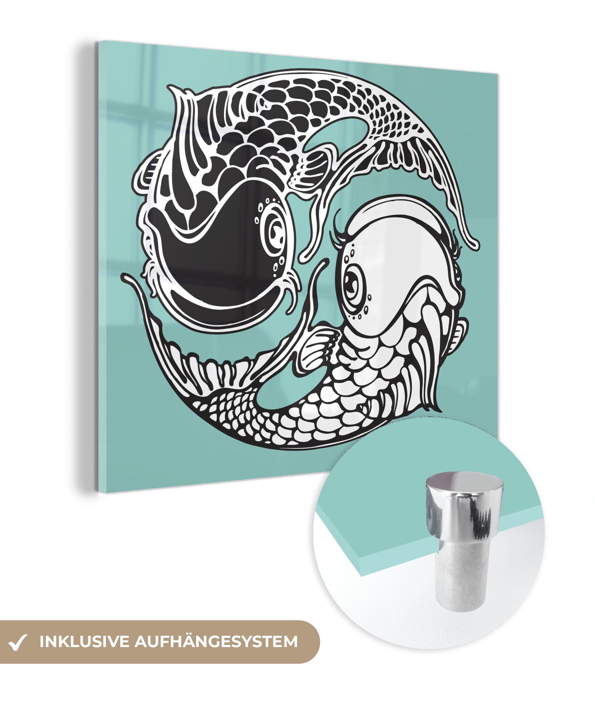 St), MuchoWow das (1 Glas Glasbilder die Glas Yin-Yang-Zeichen Koi-Karpfen, von bilden, Illustration Foto - Wandbild Acrylglasbild - auf - auf Wanddekoration Bilder