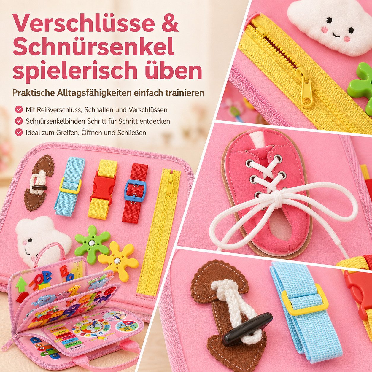 Fyrove Lernspielzeug Montessori Busy Board ab 10 Monaten, Filz-Lernspielzeug (Reißverschluss, Schnallen, Zahlen, Buchstaben, Formen, Uhr & Datum, tragbares Lern – Bild 4 von 5