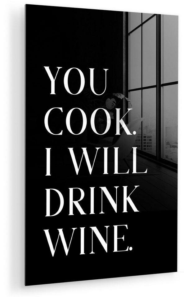 MuchoWow Acrylglasbild Zitat - 'Du kochst, ich trinke Wein' - Schwarz - Weiß, Inkl. Aufhängung, Wandbilder auf Glas Küche, Acrylglas Küchenbilder, 20x30 cm