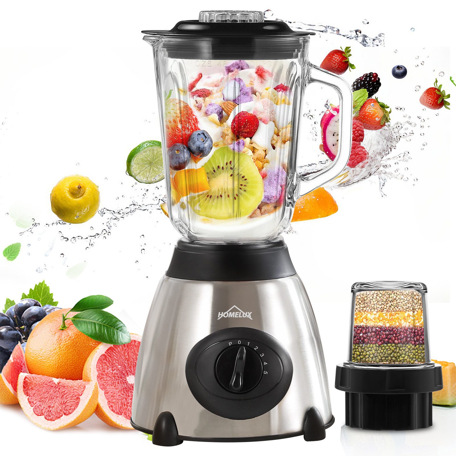 HOMELUX Standmixer 1,5L Glas Mixer 3 in 1 Smoothie Maker Universal Blender, 350,00 W, 5 Geschwindigkeit+ Impulsfunktion, Ice-Crush-Funktion und Grinder