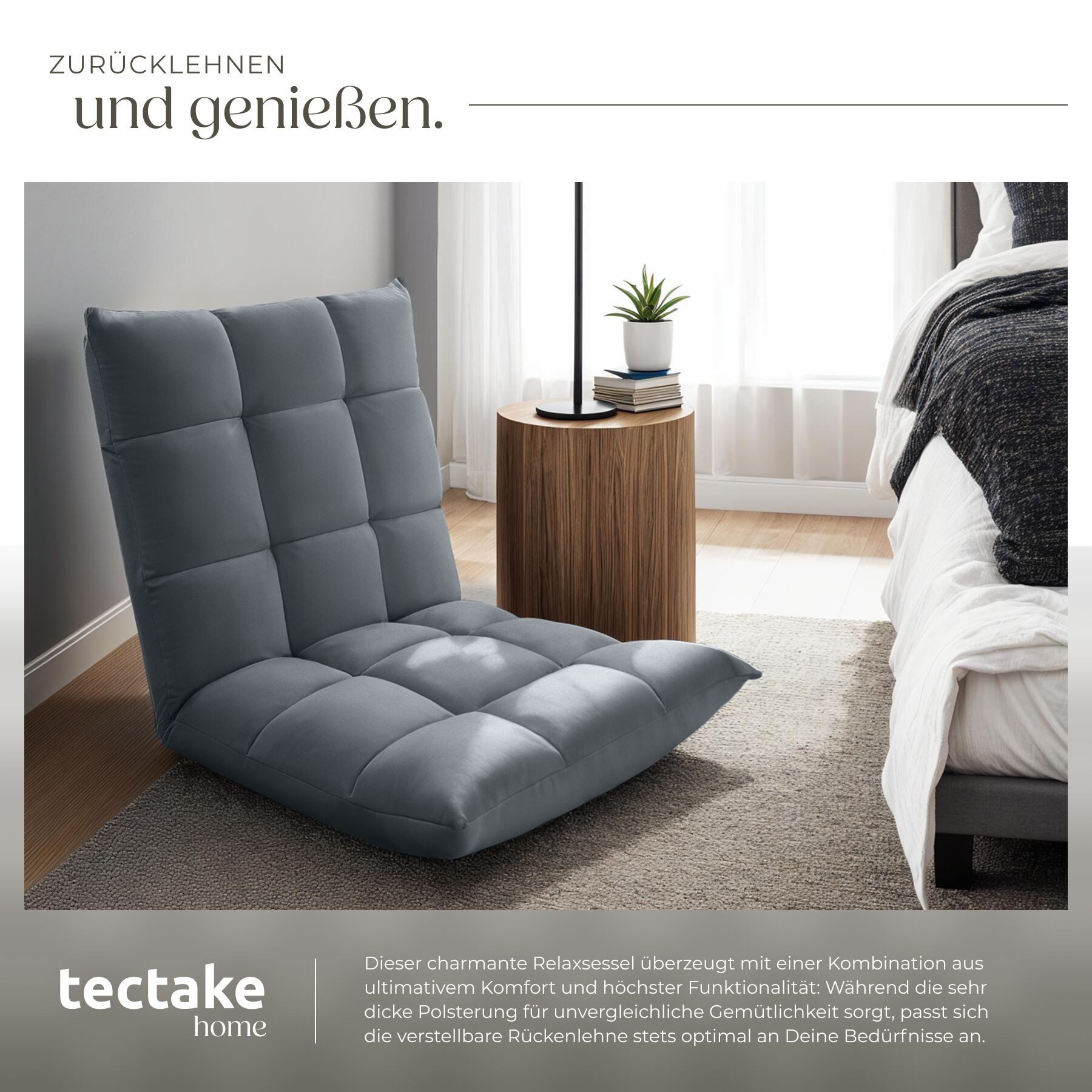 tectake Relaxsessel Polstersessel mit Samtbezug, Belastbarkeit 120 kg, 108 x 57 x 13,5 (Fernsehsessel Snooze, in Grau), 2 in 1, gepolstert, verstellbare Rückenlehne, stabiles Stahlgestell