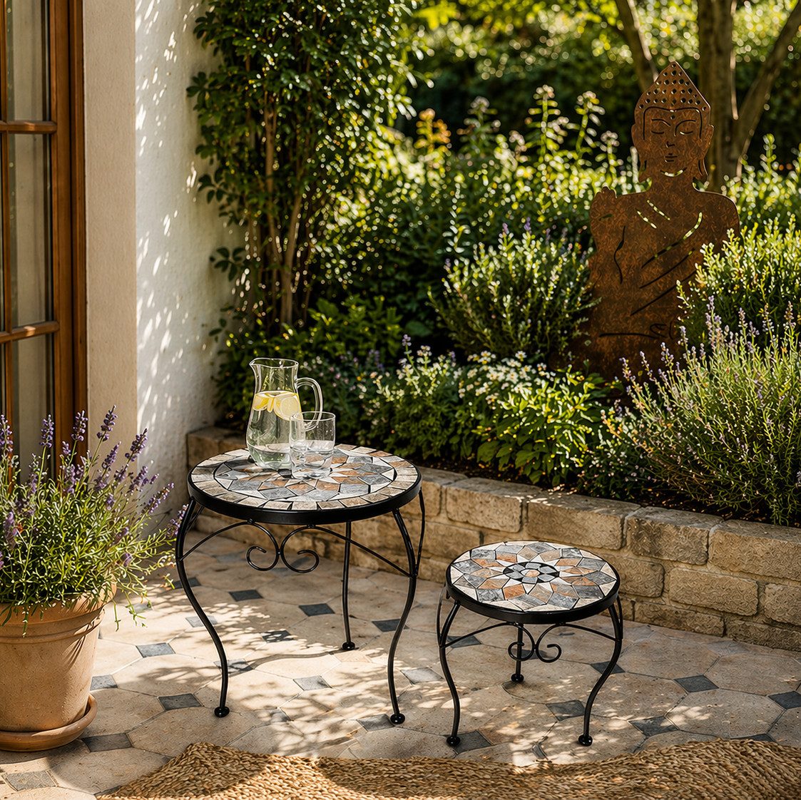 K&L Wall Art Gartentisch Mosaik Steintisch Metalltisch Naturstein Tischplatte (2-St), Boho Blumentreppe