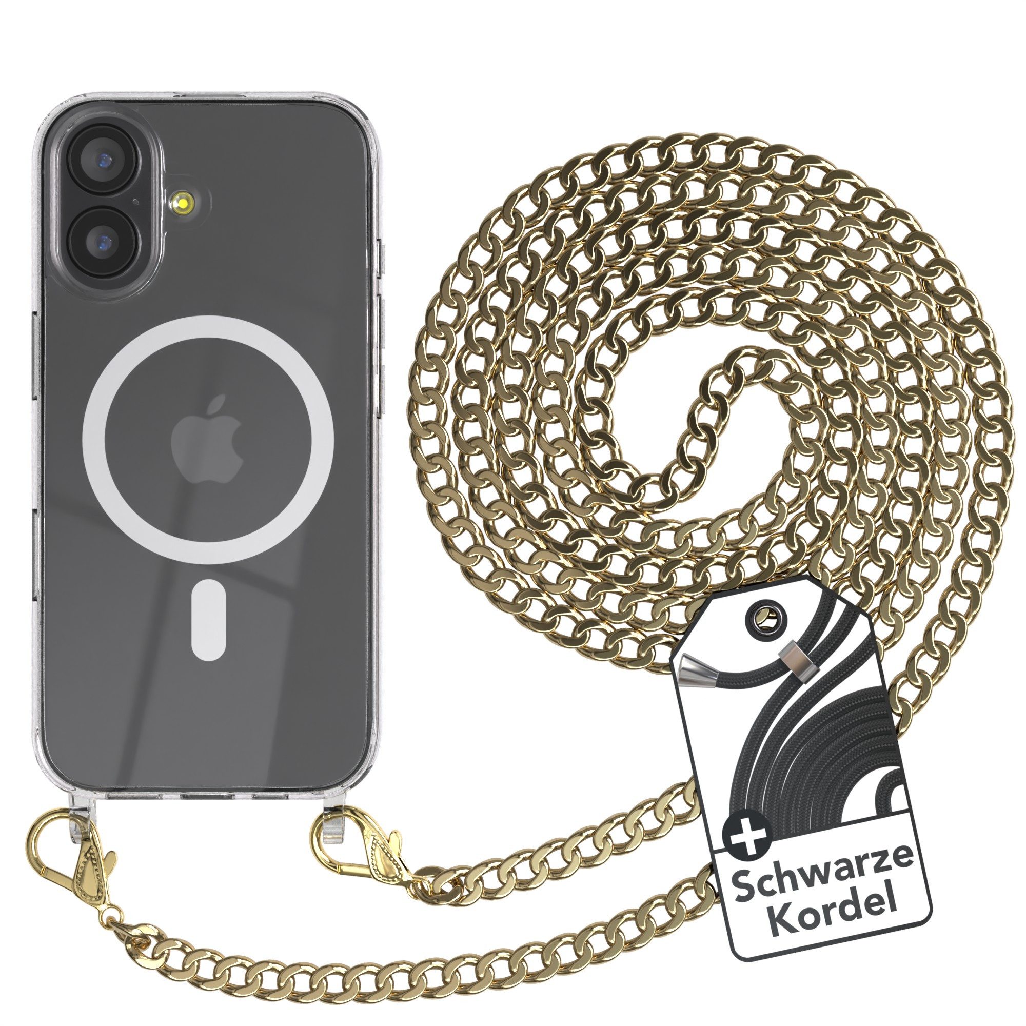 EAZY CASE Handykette 2in1 Metallkette MagSafe Hülle für iPhone 17 6,3 Zoll, Handyhülle Transparent Smartphonekette für Unterwegs Necklace in Gold