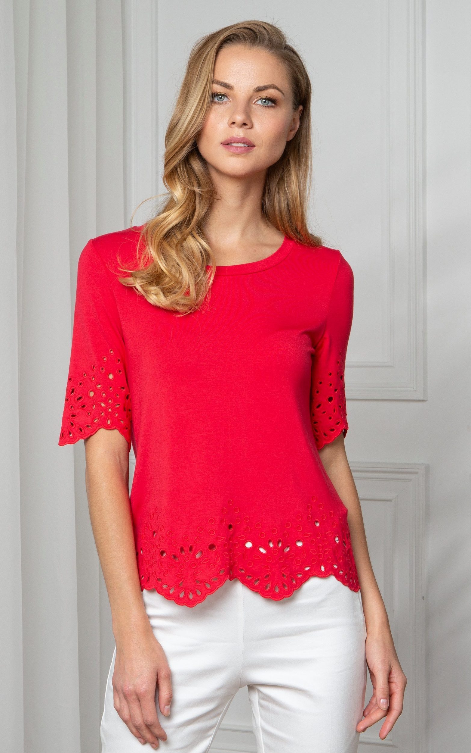 Passioni T-Shirt Kurzarm mit Broderie-Anglaise-Details günstig online kaufen