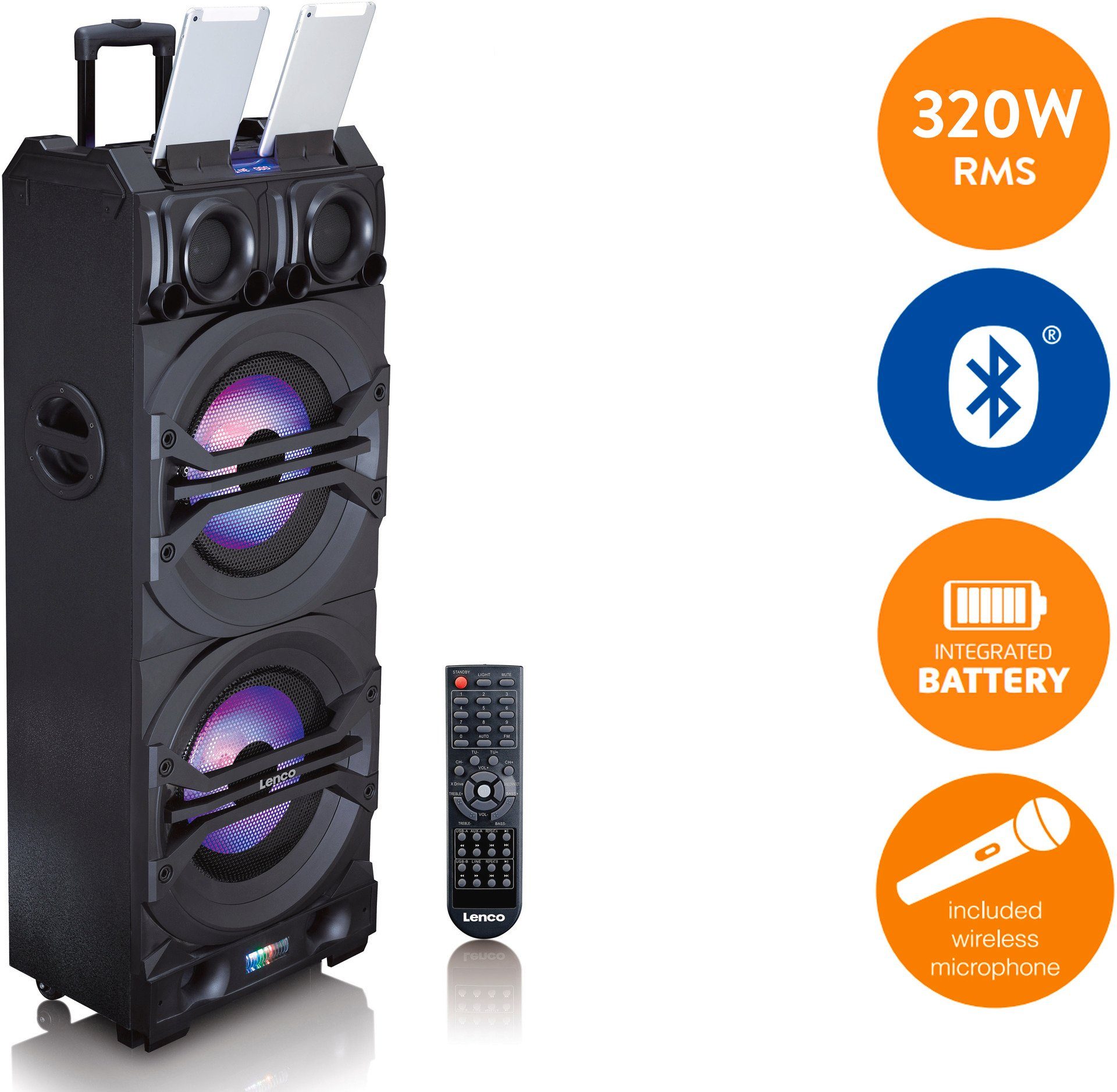 Lenco PMX-350 Soundsystem mit Mixfunktion, BT, Licht Party-Lautsprecher  (200 W), Bluetooth Partyspeaker mit FM-Radio