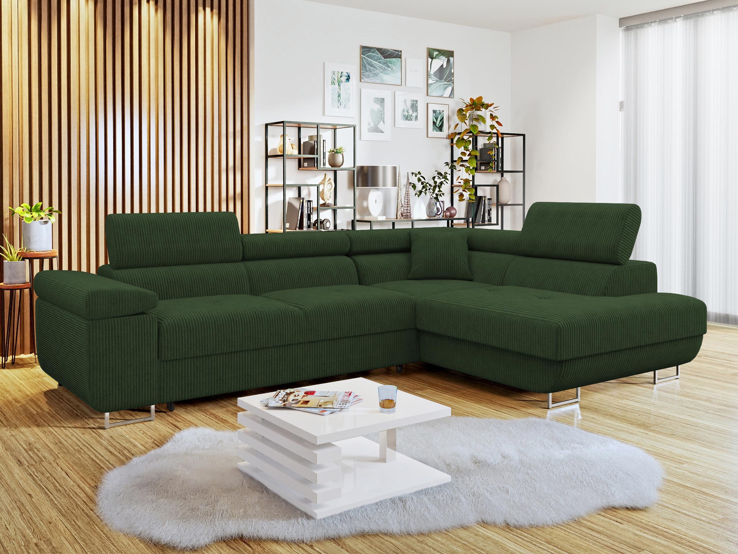 MIRJAN24 Ecksofa Torezio Cord, mit Bettkasten und Schlaffunktion, Einstellbare Kopfstützen, 274x203x70-90 cm