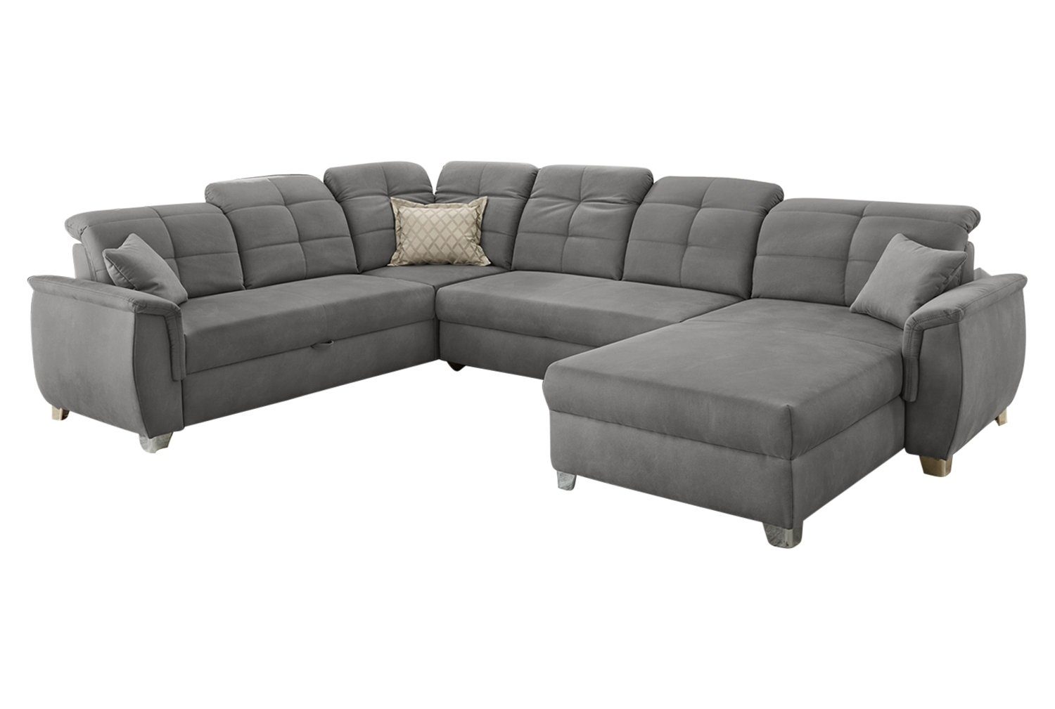 Sofa LIVORNO, B 354 cm x 265 cm, Grau, Mikrofaserbezug, Schlaffunktion, mit Bettkasten