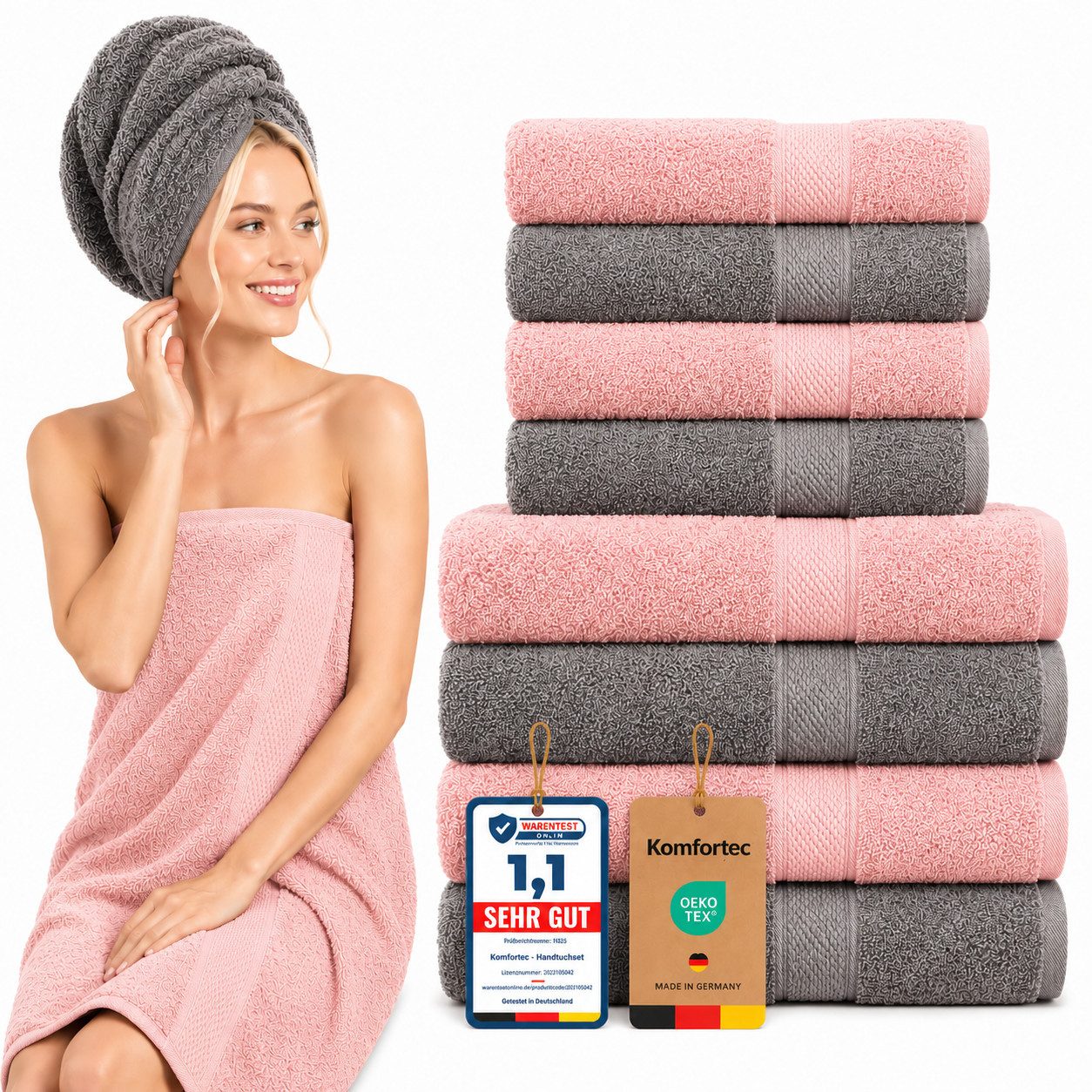 Komfortec Handtuch Set Premium 8x Handtuch & Badetuch Set - 4er 50x100 + 4er 70x140 cm, Frottee (8-St), 100% Baumwolle, Weich, 470 g/m2