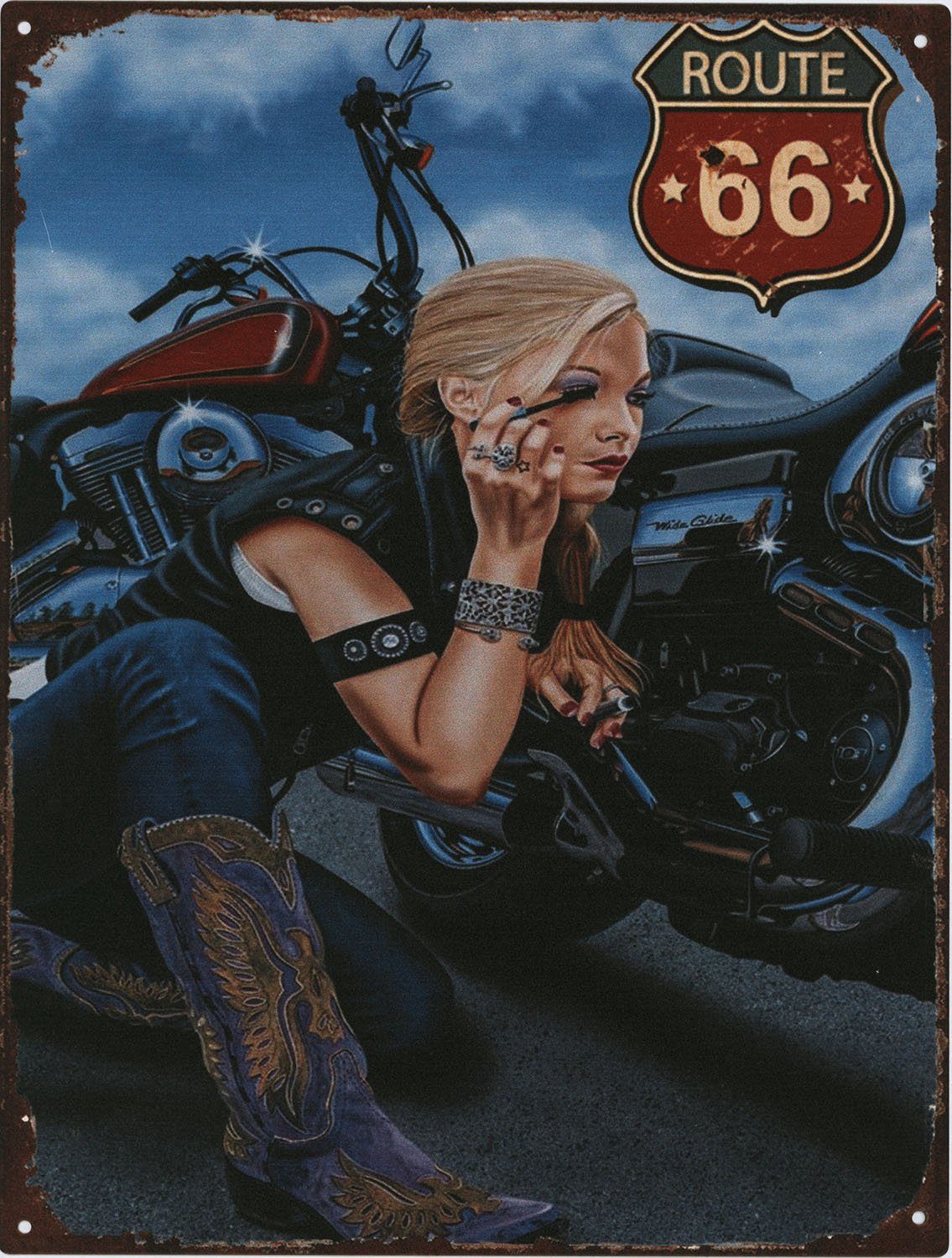 Metallschild Blechschild Blonde Bikerin Route 66