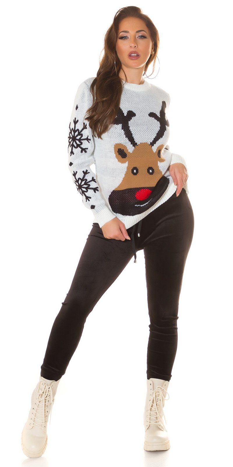 Weihnachtspullover weiß Koucla und mit Strickpullover Rentier-Motiv Rundhalsausschnitt