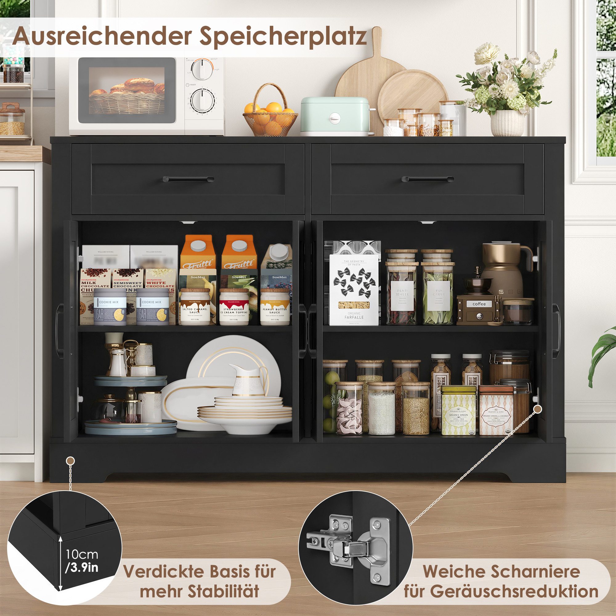 HOMECHO Buffet 120cm Küchenschrank mit 2 Schubladen 4 Türen – Bild 4 von 5