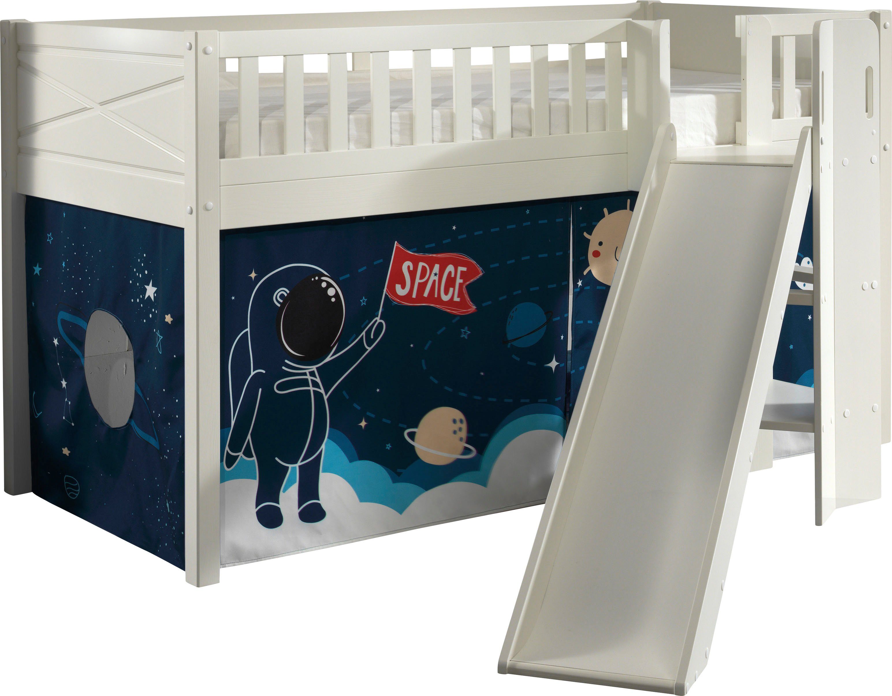 Vipack Hochbett Scott, Spielbett, Kiefer massiv weiß lackiert, mit Rolllattenrost (B/H/T ca. 207,6x114x203,7cm, Kopf-/Fußteil mit Fräsung, stabil gebaut) mit Rutsch-/Leiterturm, LF 90x200 cm, inkl. Vorhang, 7 Designs