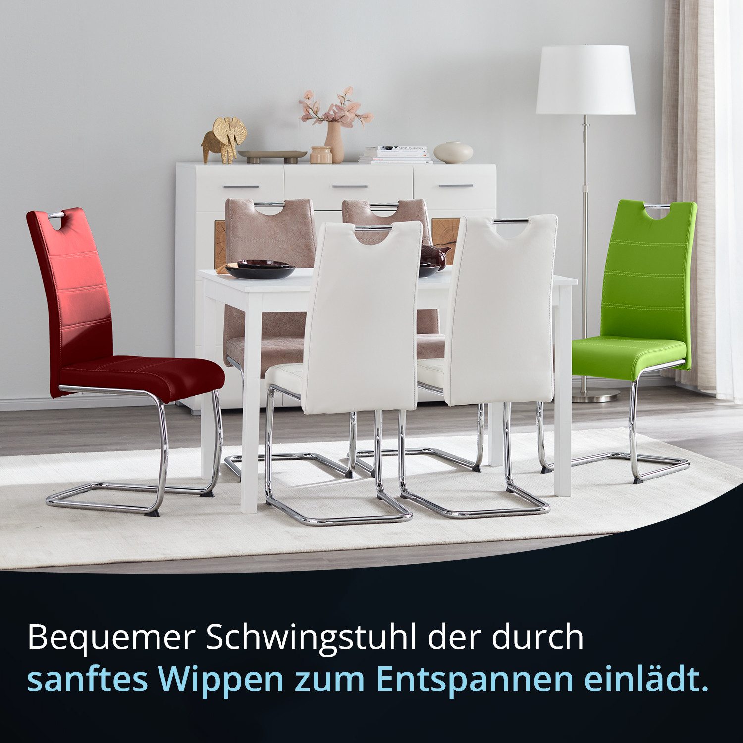KHG Freischwinger Esszimmerstuhl Kunstleder Beige, bis 120 kg belastbar, Modern, gepolstert, eleganter Look, Metallgestell verchromt mit Griff – Bild 4 von 5