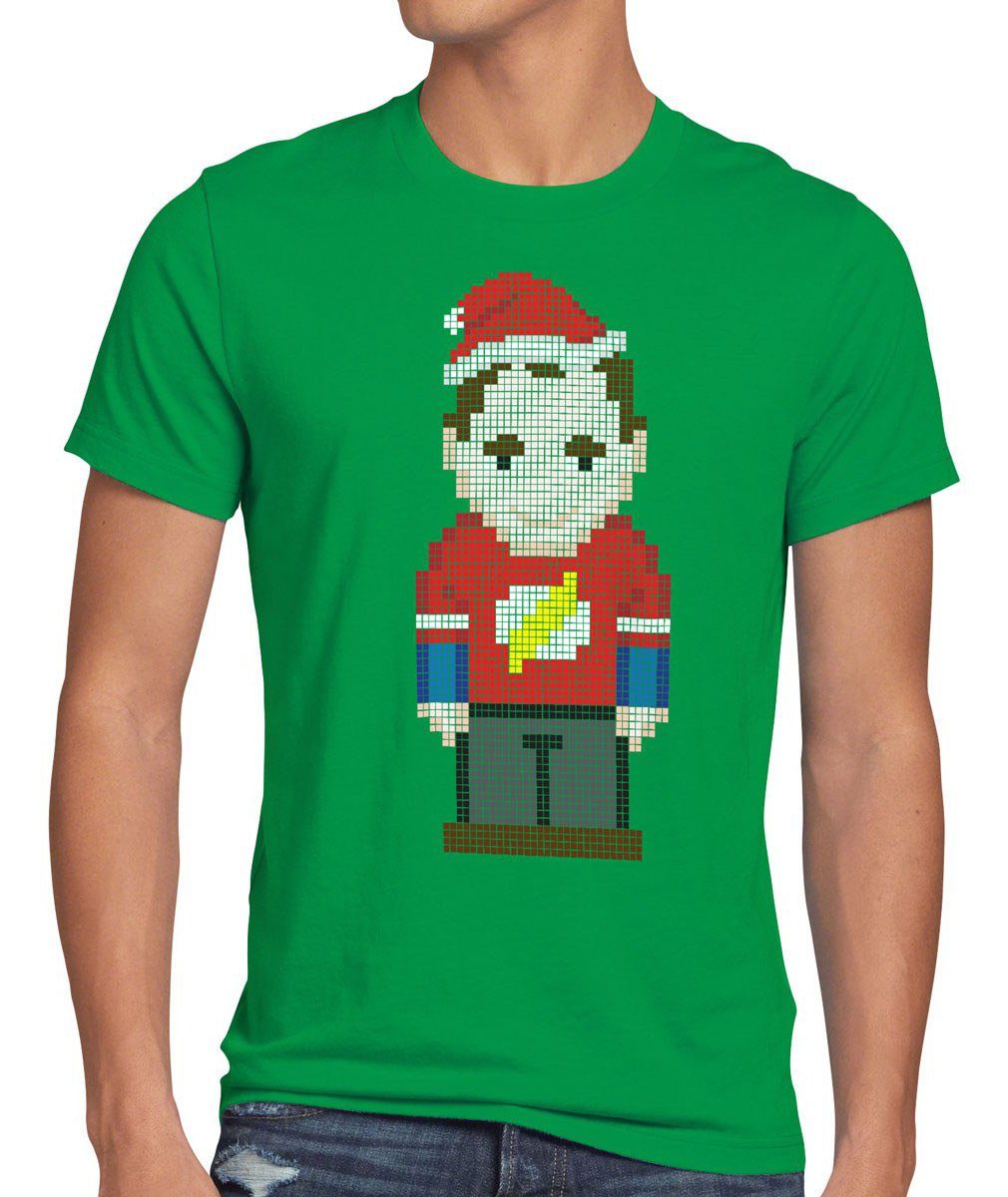 style3 Print-Shirt Herren T-Shirt Weihnachten pixel cooper grün nikolaus Sheldon big winter bang theory