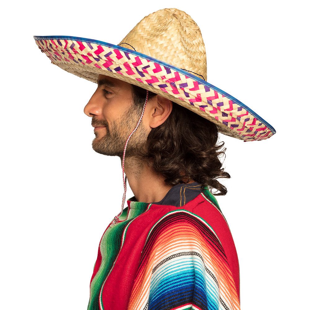 Boland Kostüm Sombrero Salvatore Mexiko Strohhut Ø 52 cm für Fiesta, Geflochtener Strohhut mit buntem Rand