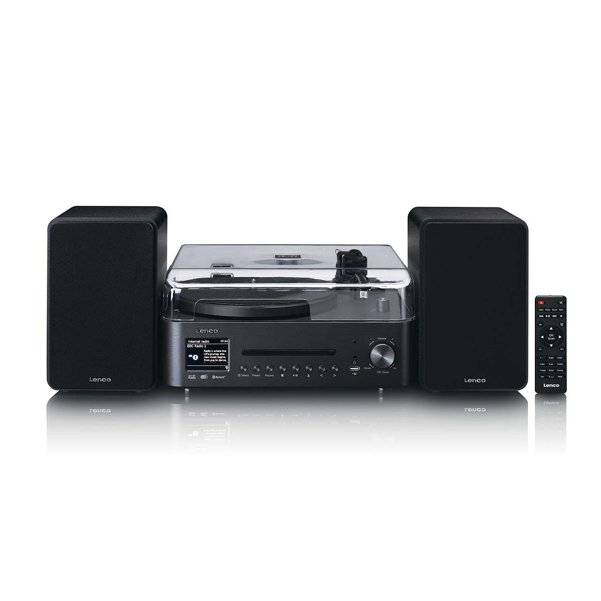 Lenco MC-760BK Plattenspieler (Riemenantrieb, Bluetooth, Internetradio, DAB+, Bluetooth-Streaming, USB-Aufnahme, Vinyl)