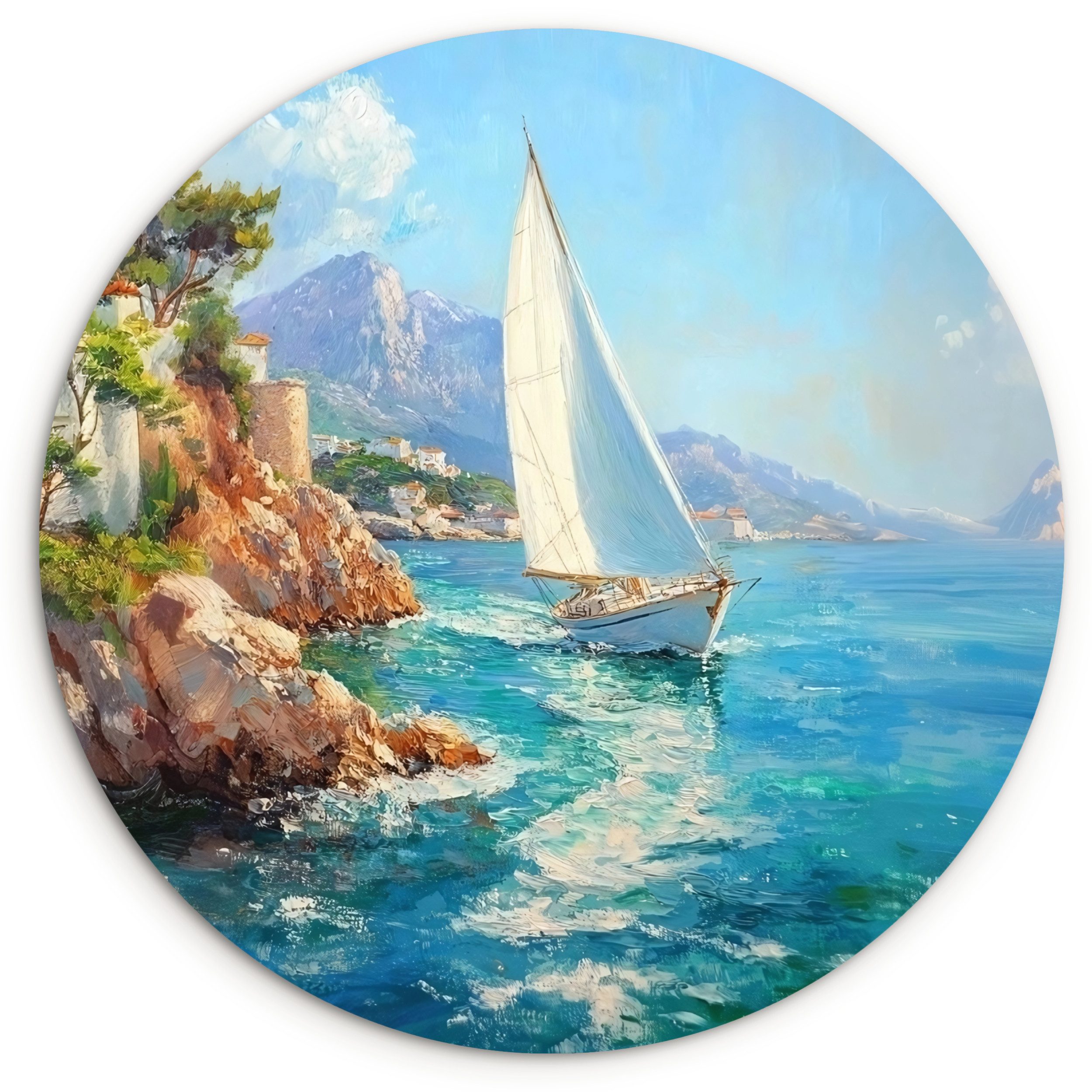 MuchoWow Gemälde Segelboot - Felsen - Küste - Häuser, Fotodruck (1 St), Kreis Wanddekoration, Rundes Wandbild, 30x30 cm