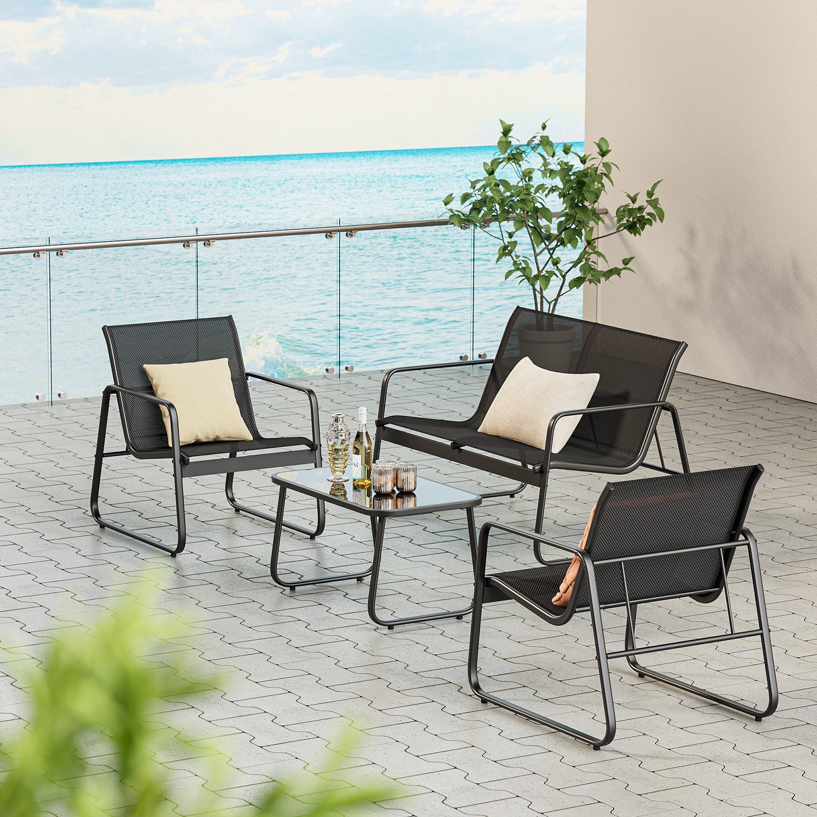 Bealife Gartenlounge-Set 4er Set, 1 Tisch mit 1 Doppelstuhl 2 Einzelstühlen, Garten und Balkon