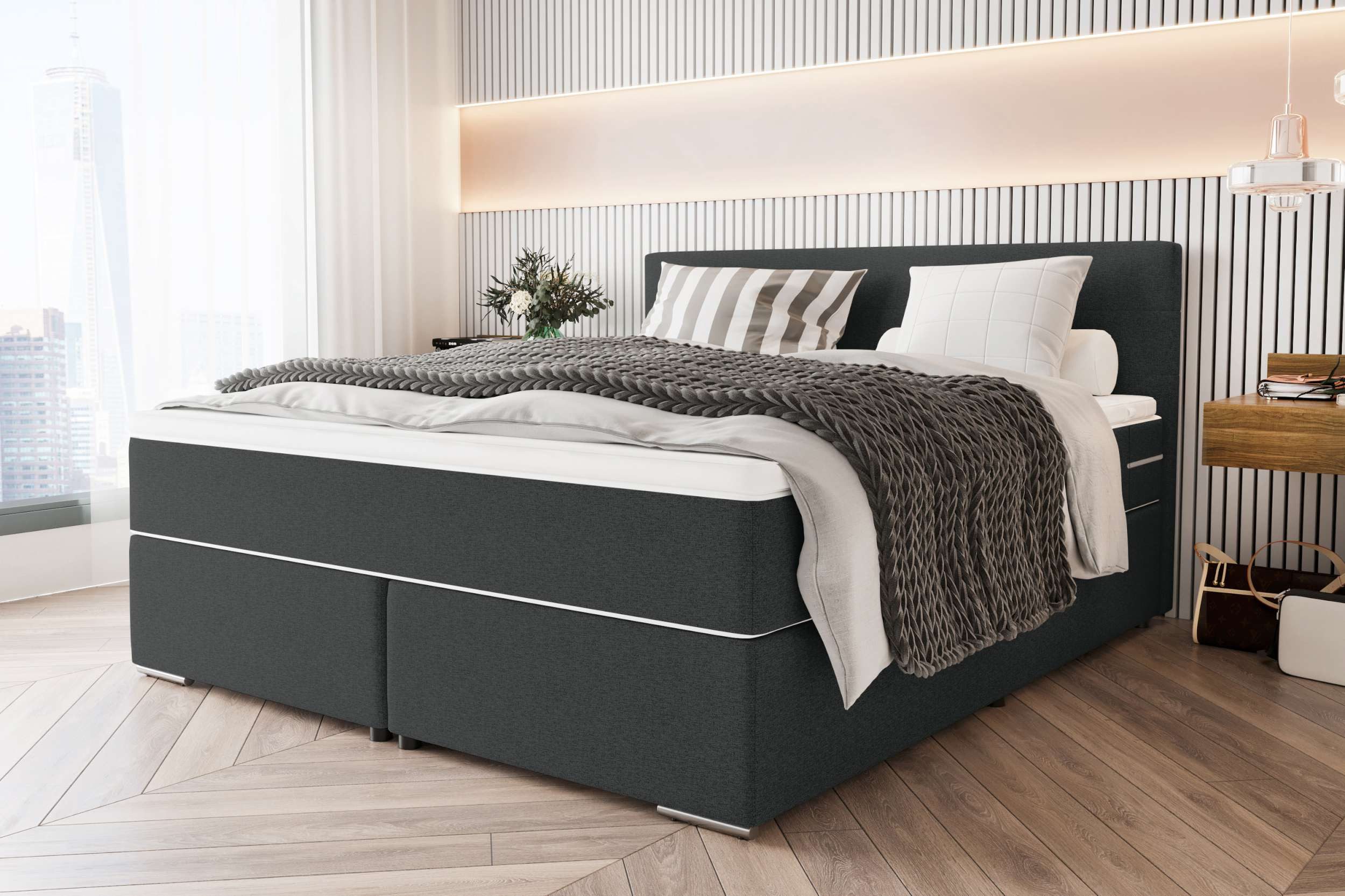 99rooms Boxspringbett Phönix (Schlafzimmerbett, Bett), mit Taschenfederkernmatratze und Topper, in Webstoff MALMO_NEW