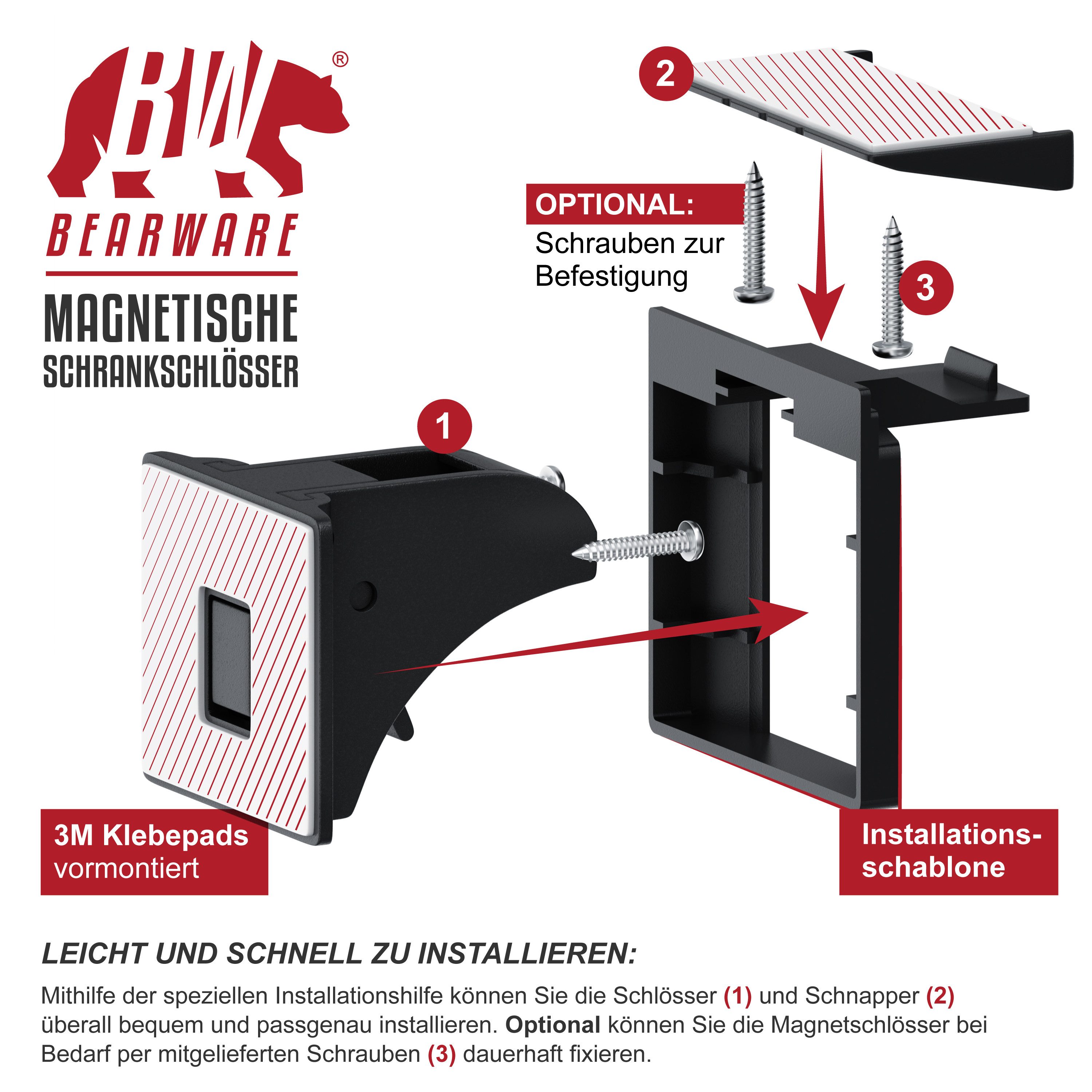 BEARWARE Kindersicherung Magnetisches Schrankschloss 10er, 2 Schlüssel, kindersicher, selbstklebend, bohrfrei, unsichtbar, für Schrank & Schublade – Bild 4 von 5