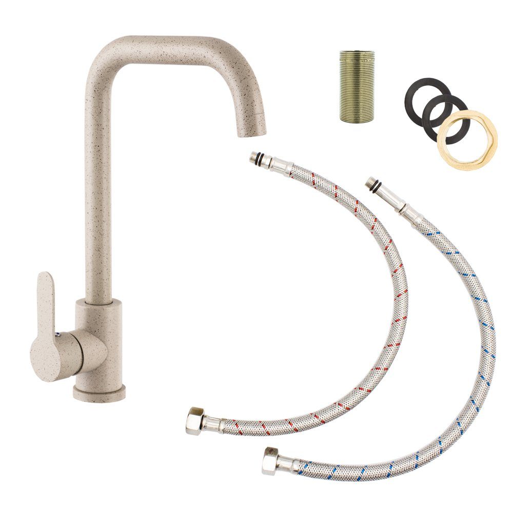 Faizee Möbel Granitspüle [Granitspüle 48x50 + Armatur Steel] Einbauspüle Spülbecken