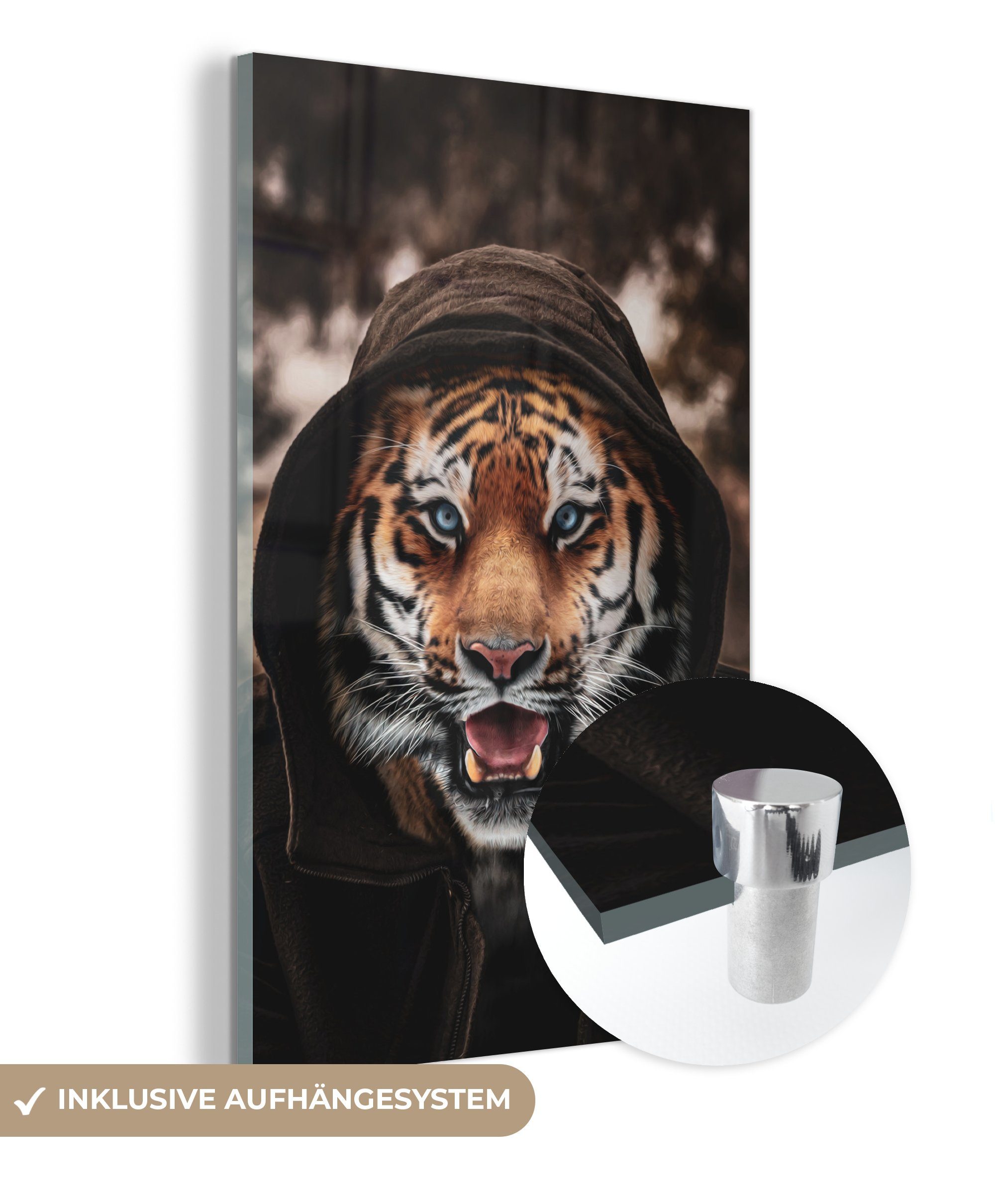 MuchoWow Acrylglasbild Tiger mit Kapuze, (1 St), Glasbilder - Bilder auf Glas Wandbild - Foto auf Glas - Wanddekoration bunt