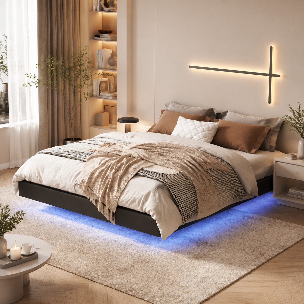 Simurq Polsterbett 160x200cm Schwebebett LED USB Schwarz (USB-Ladeanschluss), Schwebebett,LED,USB,Schwarz,Lattenrost