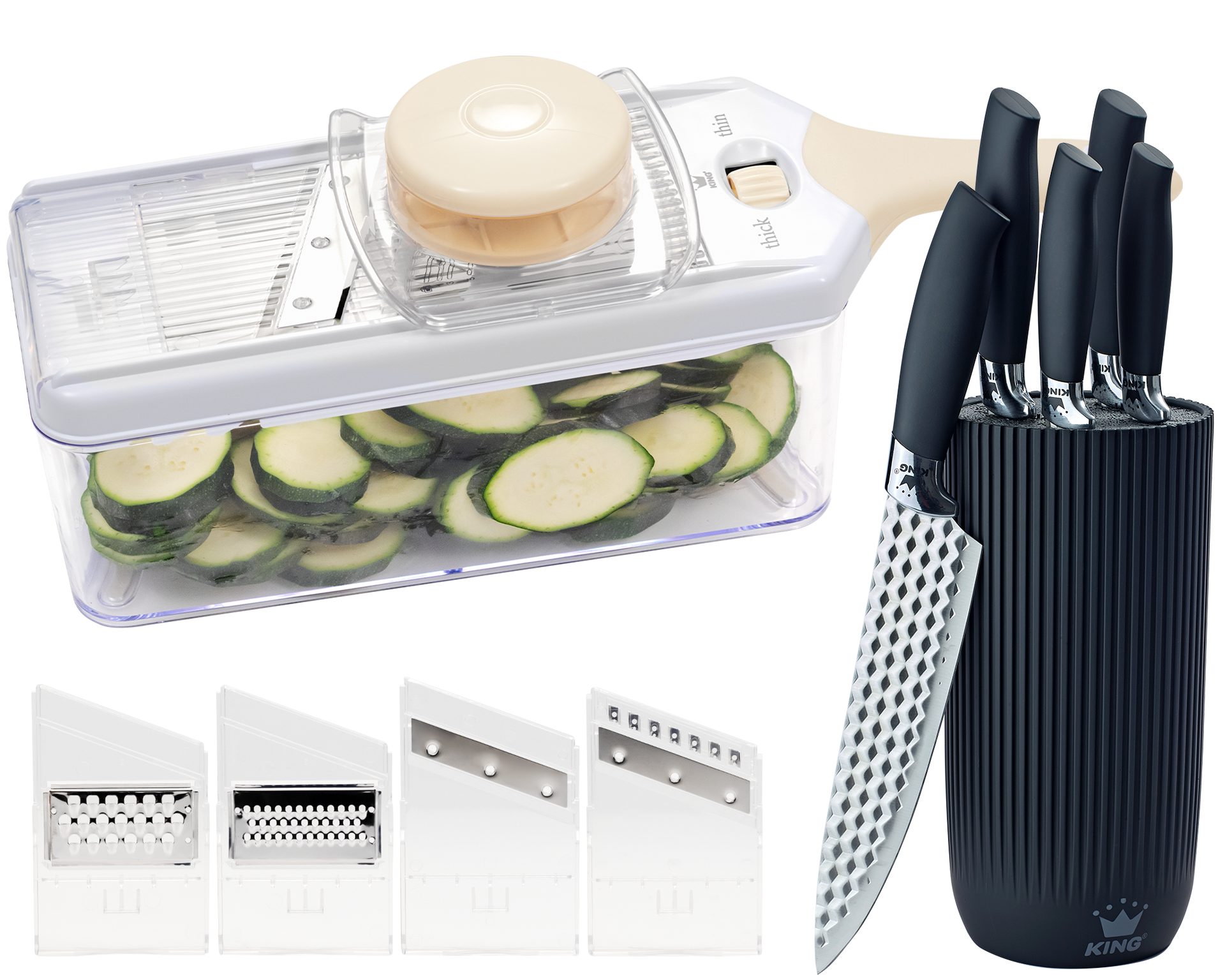 KING Multireibe Veggie-Reibe, Kunststoff, (Set, 7-St., 1 Reibe, 5 Küchenmesser, 1 Messerblock), Reibe inkl. Auffangbehälter, 4 Klingeneinsätze