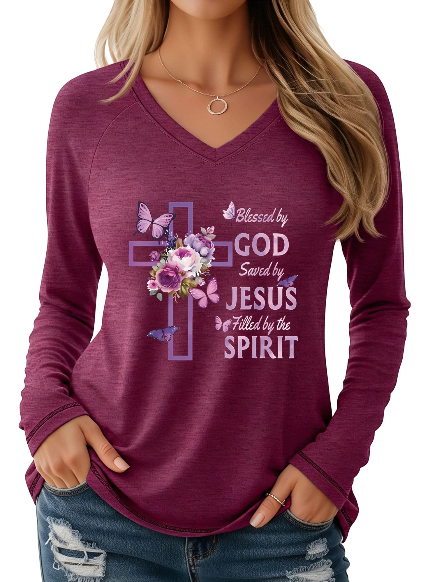 PYLIKE Longsleeve Bequemes Shirt Damen Langarm Herbst Basic-Shirt mit kreuzen Print Geeignet für den täglichen Gebrauch im Büro und zu Hause