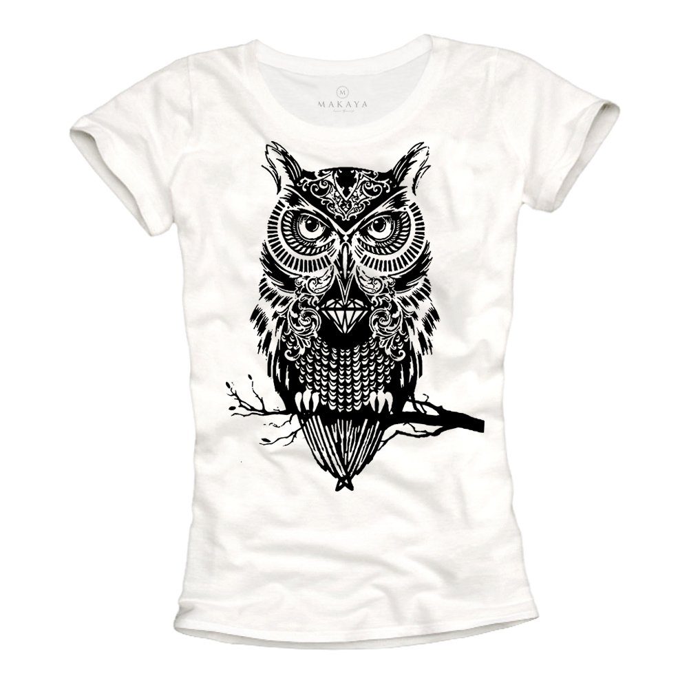 MAKAYA T-Shirt Damen Kurzarm mit Aufdruck Motiv Eule Coole Sommer Tops Frauen Owl Weiß