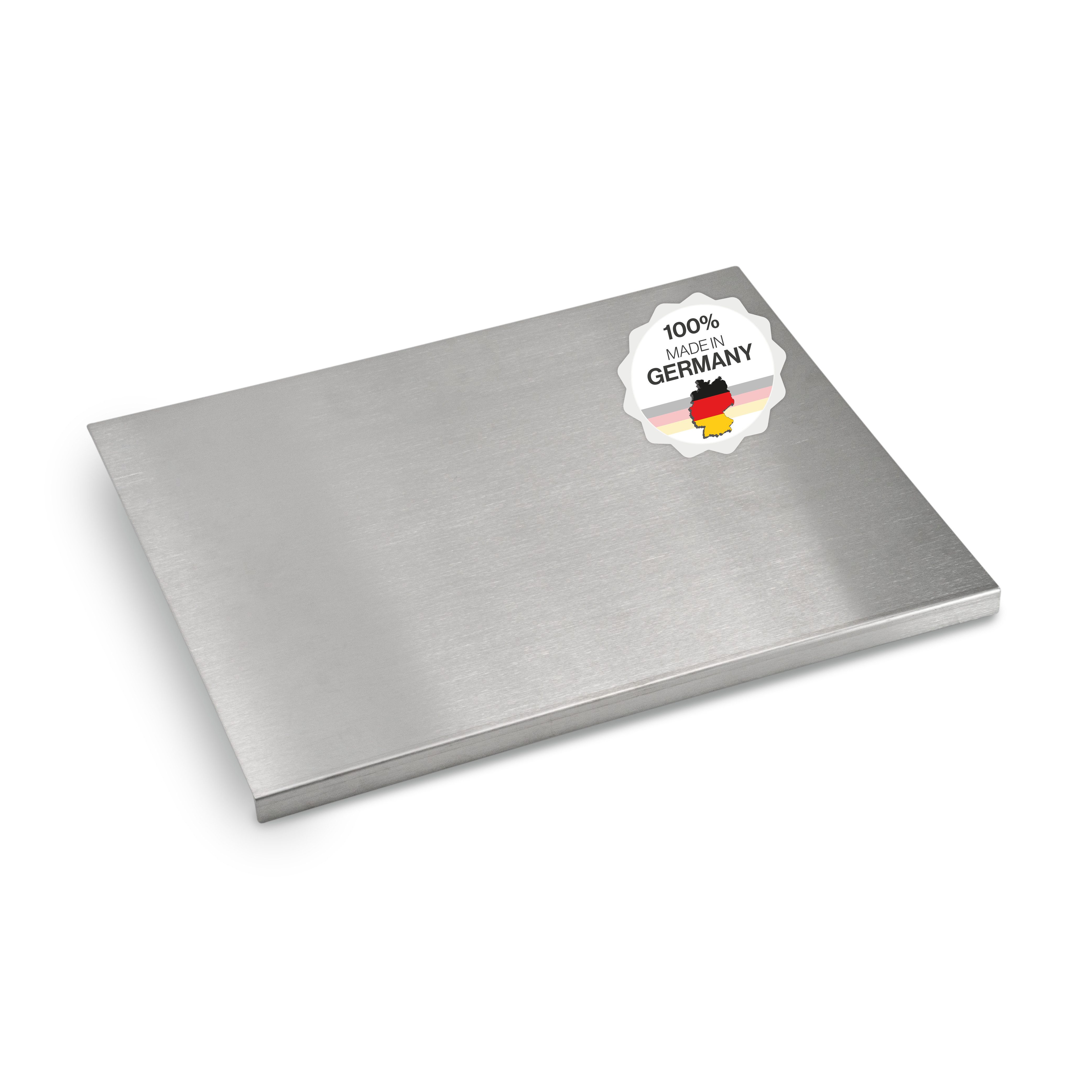 Feuerfest 123 GmbH Schneideunterlage Schneidebrett / Knetbrett aus Edelstahl - mit Anschlagkante, Für Kneten, Schneiden & Backen – 100 % Made in Germany