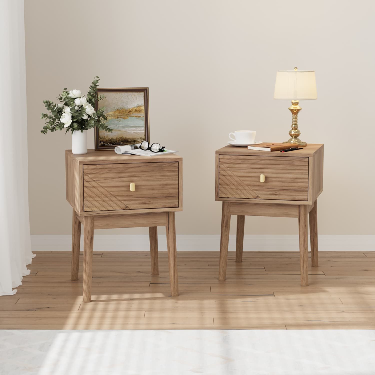 ANYSUN Nachttisch 2er Set mit Schublade,Metallgriff,Massivholzbeinen und Stauraum (Set, 2-St., Beistelltisch für Schlafzimmer,Wohnzimmer,40x40x55 cm), Nachtkommode in Holzoptik, Mid-Century Design mit Rillenfront,Eiche