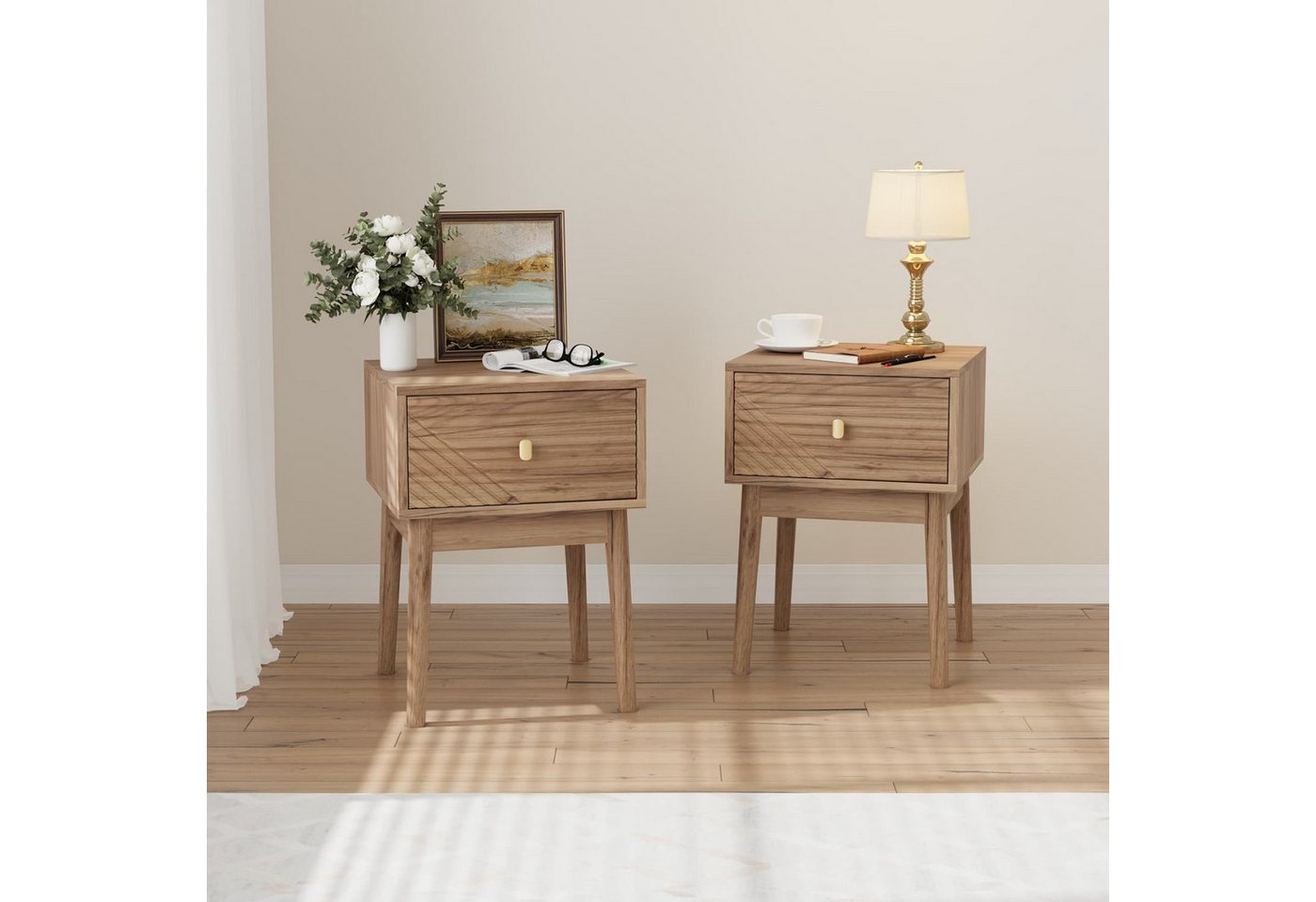 ANYSUN Nachttisch 2er Set mit Schublade,Metallgriff,Massivholzbeinen und Stauraum (Set, 2-St., Beistelltisch für Schlafzimmer,Wohnzimmer,40x40x55 cm), Nachtkommode in Holzoptik, Mid-Century Design mit Rillenfront,Eiche
