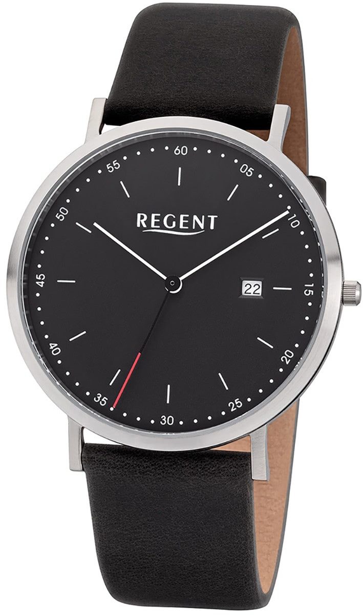 Regent Quarzuhr Regent Herren Uhr F-1141 Leder Quarz, (Analoguhr), Herren Armbanduhr rund, groß (ca. 40mm), Lederarmband